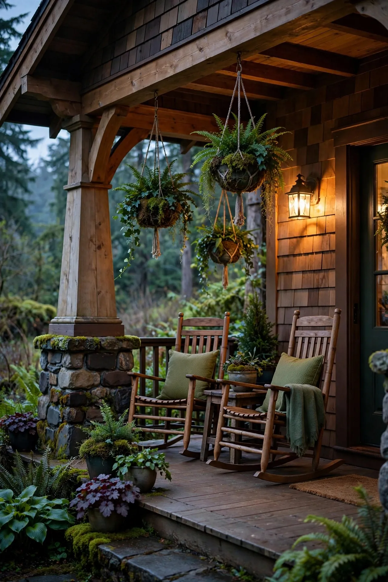 Craftsman style porch with tapered columns and rocking chairs