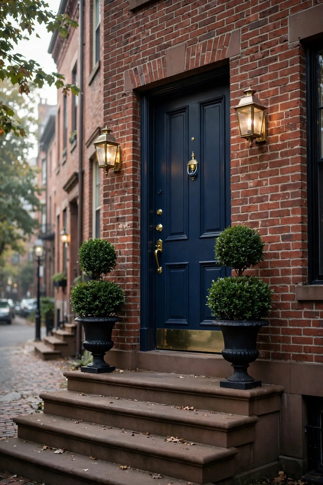 Brick townhouse stoop with matching planters and boxwood topiaries