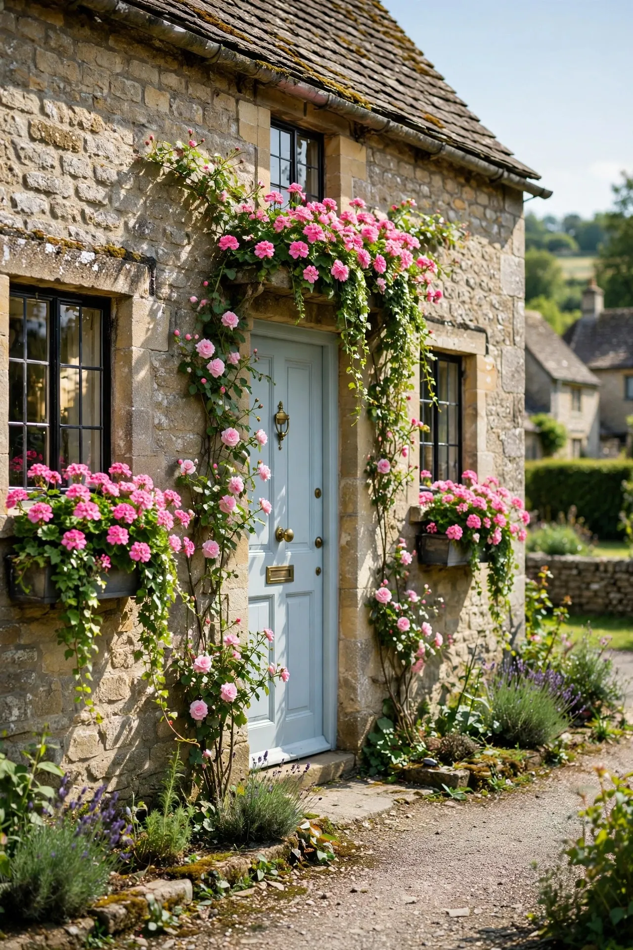 Cottage with overflowing flower window boxes and a blue door