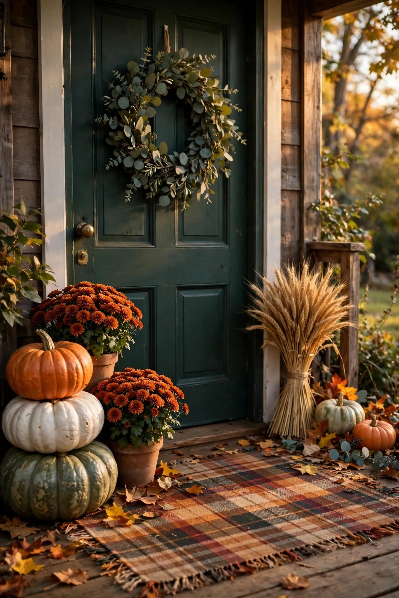 Fall front porch with pumpkins, mums and a wreath
