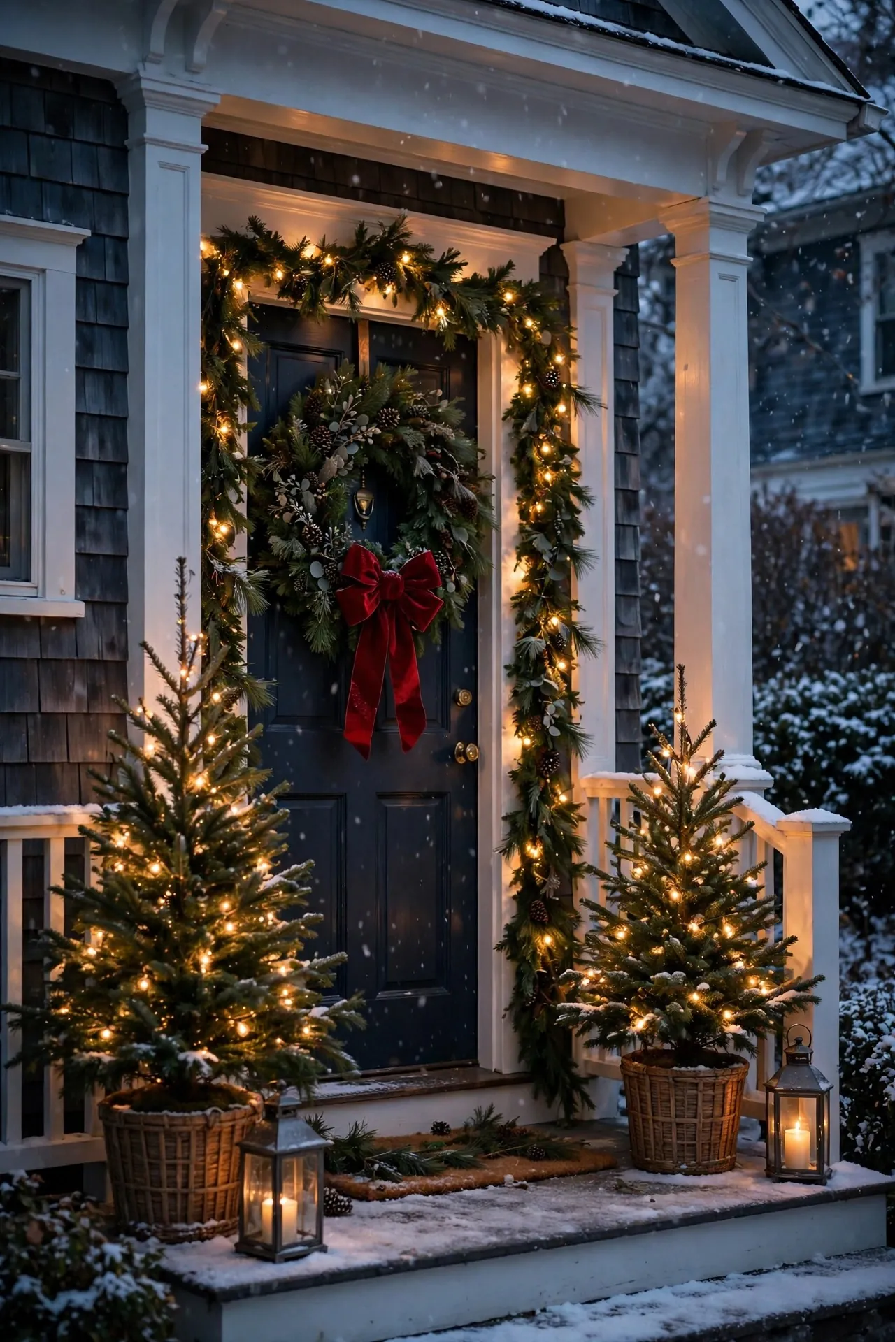 Christmas front porch with garland, wreath and lanterns in the snow