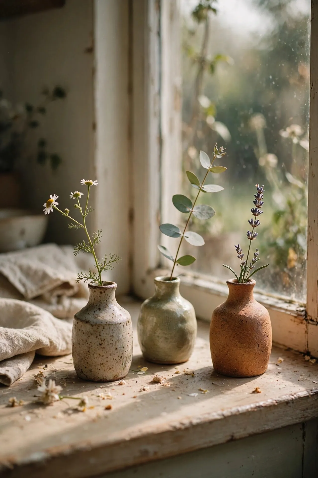 Set of small ceramic bud vases with single stems on a windowsill