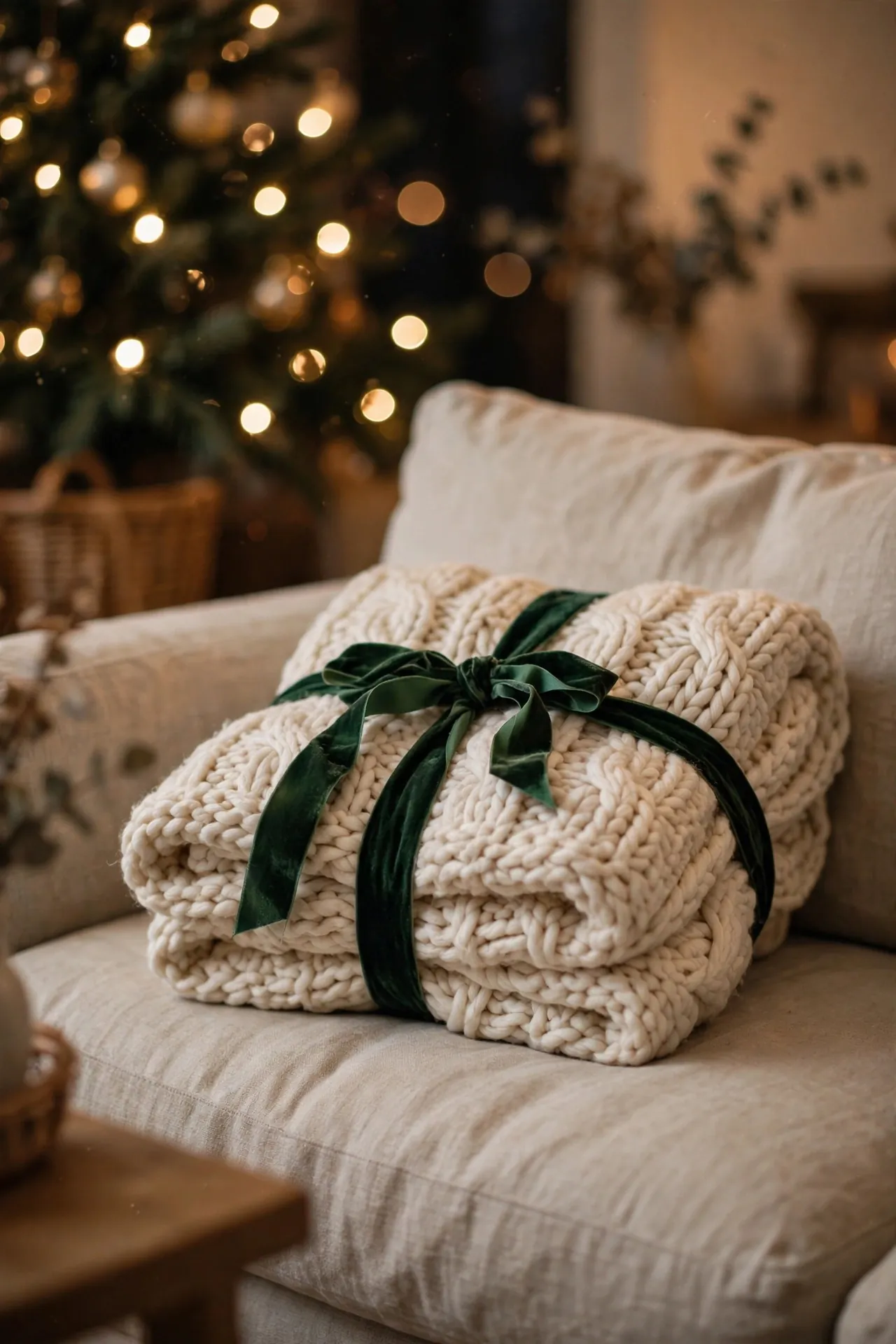 Chunky knit throw wrapped with a ribbon as a gift on a sofa