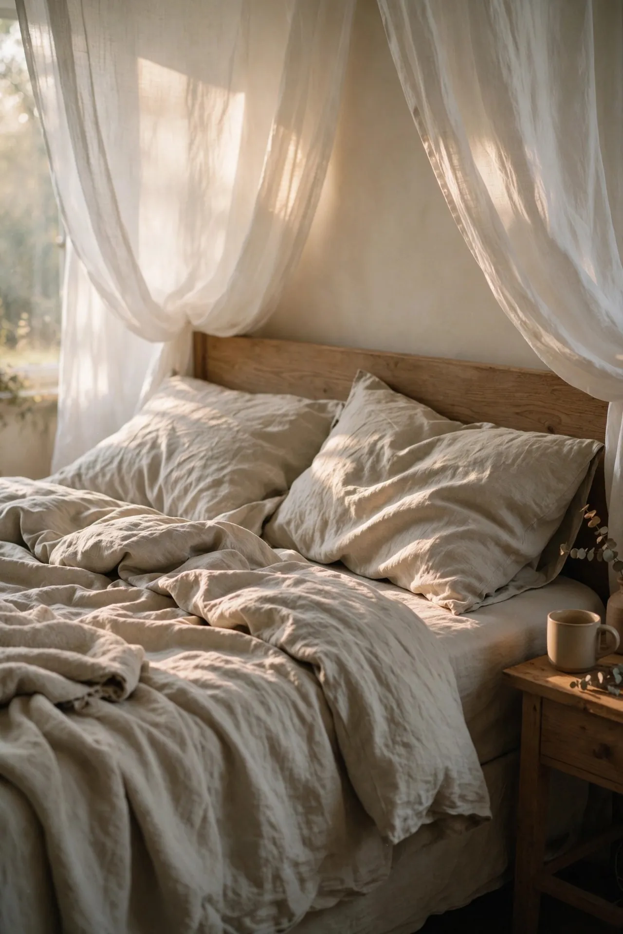 Bed made with fresh stonewashed linen sheets in morning light