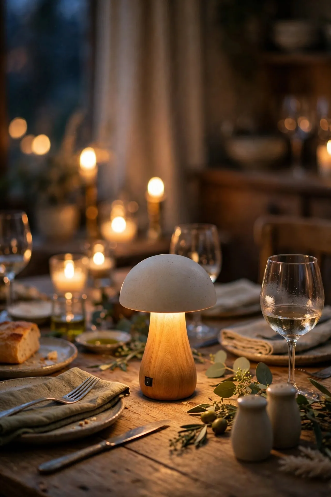 Cordless rechargeable lamp glowing on a dining table