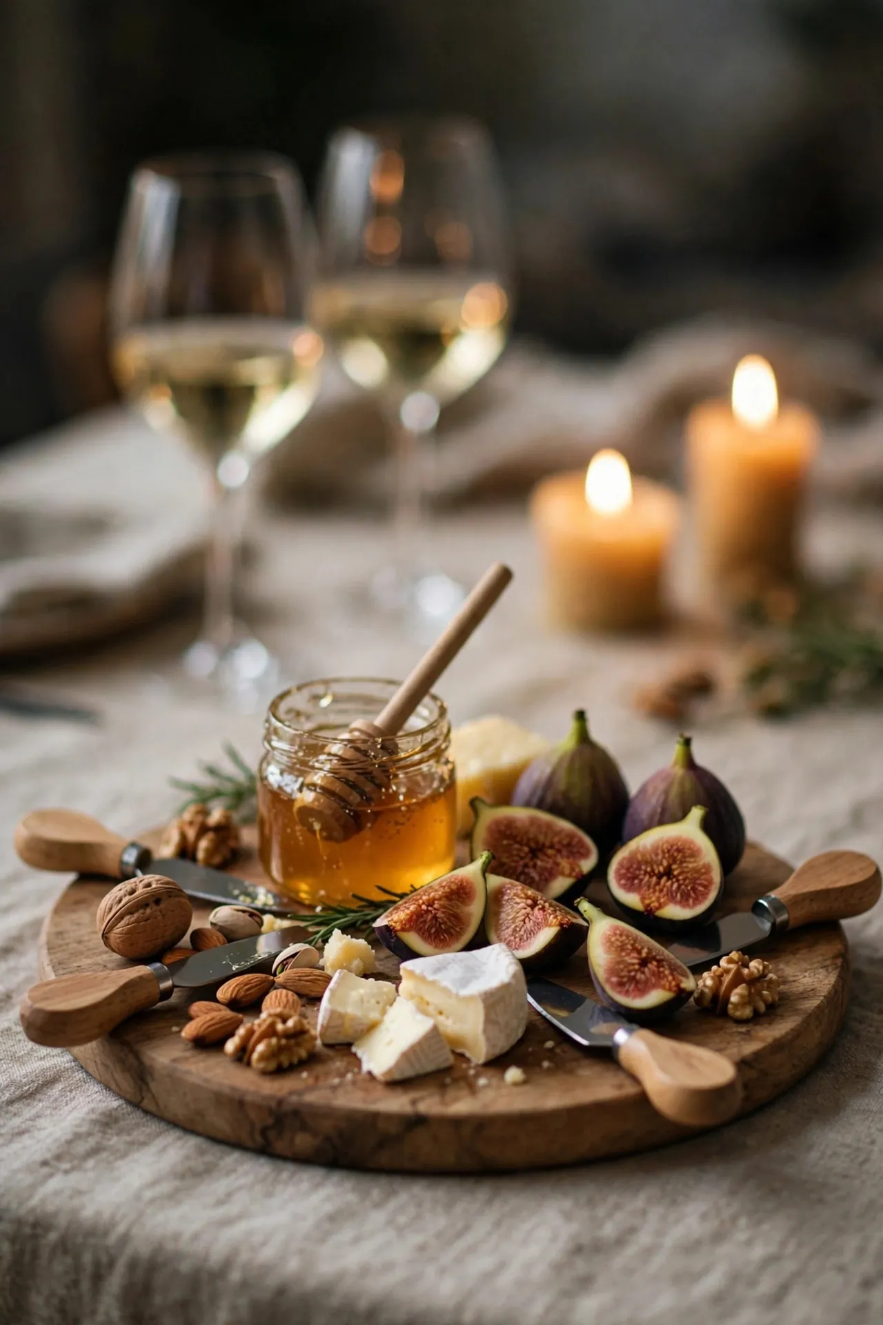 Cheese board set with knives on a table ready for guests