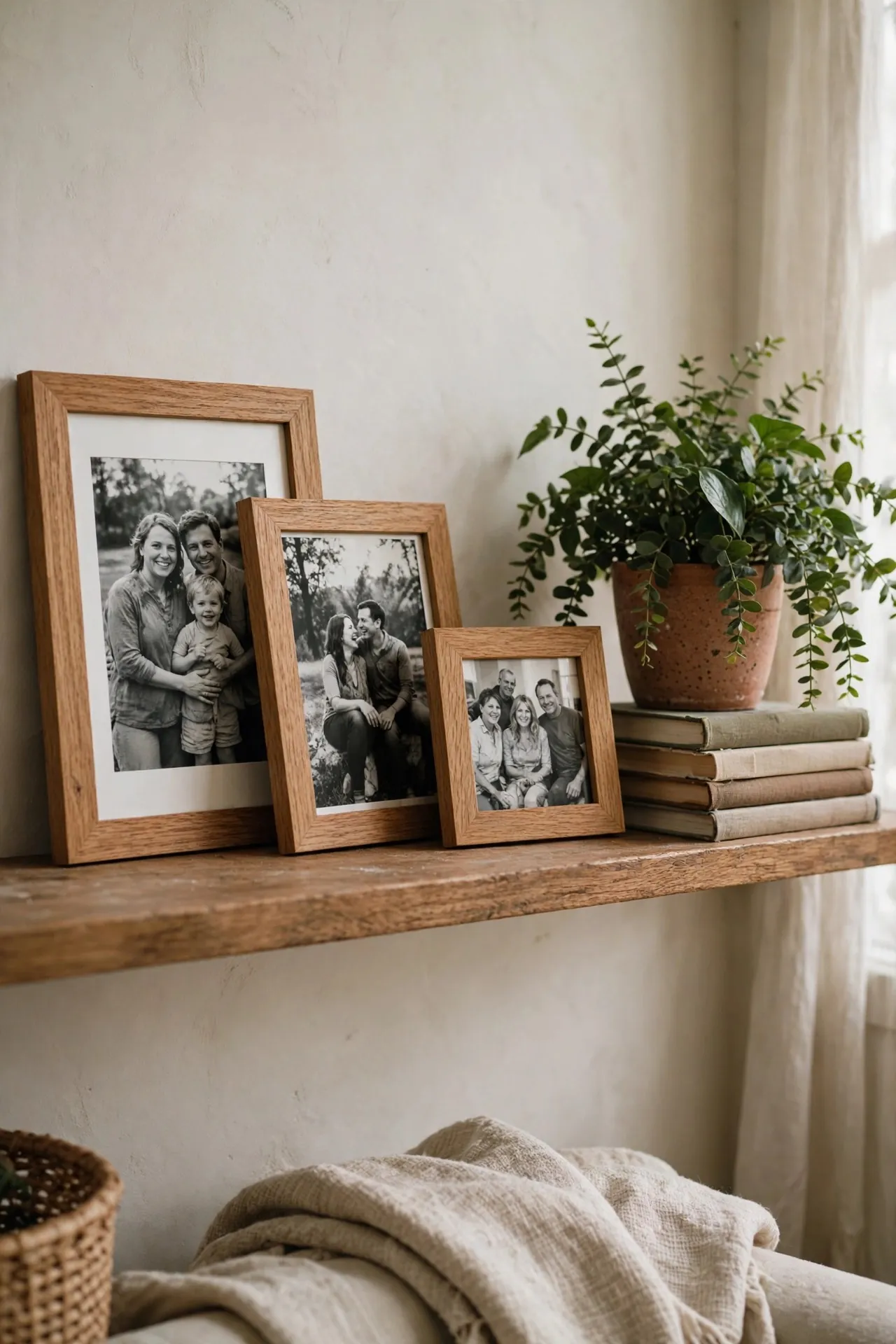 Set of wooden picture frames on a shelf with family photos
