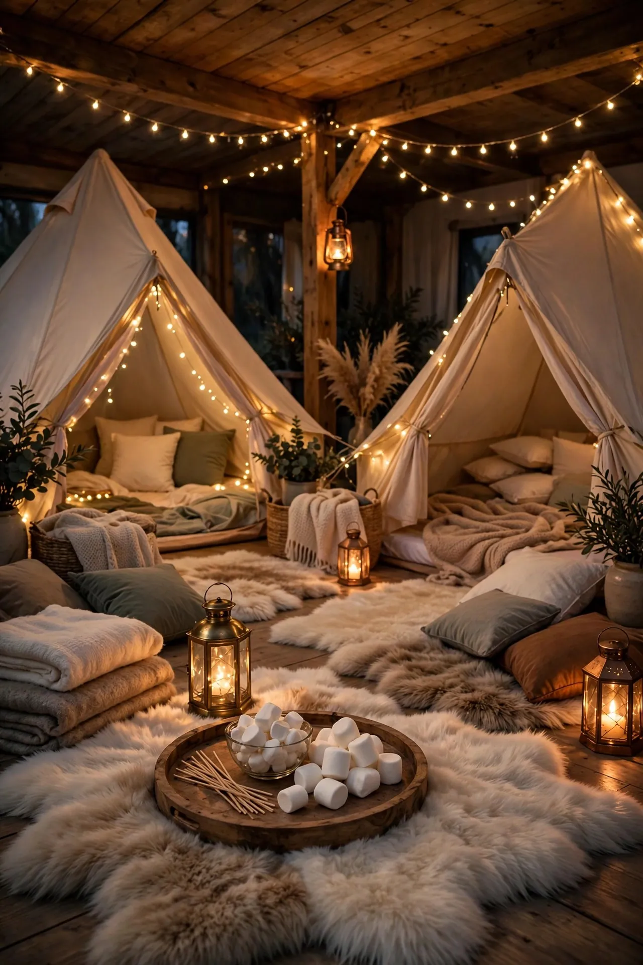Glamping style sleepover with tents and lights indoors