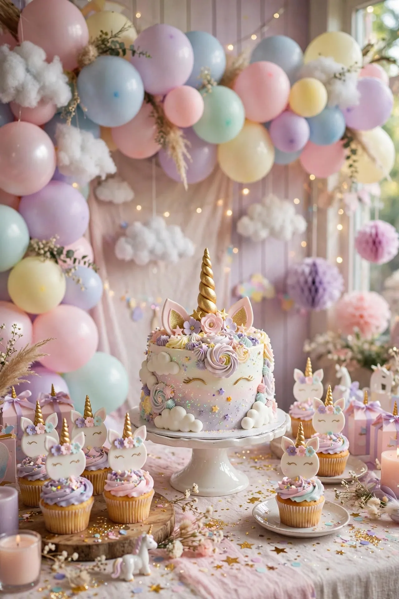 Unicorn themed birthday party with pastel rainbow decor