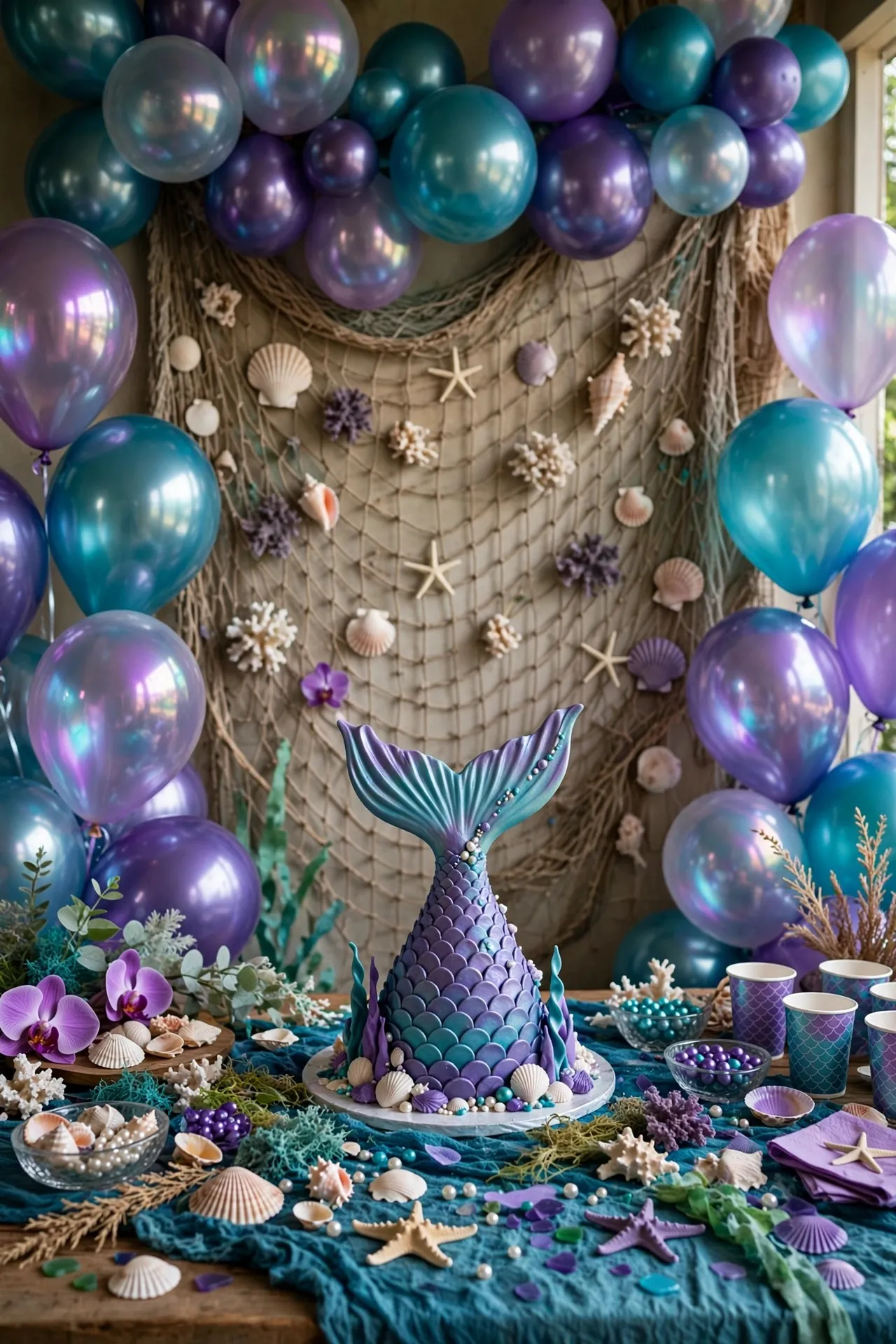 Mermaid themed birthday party with teal and purple decor