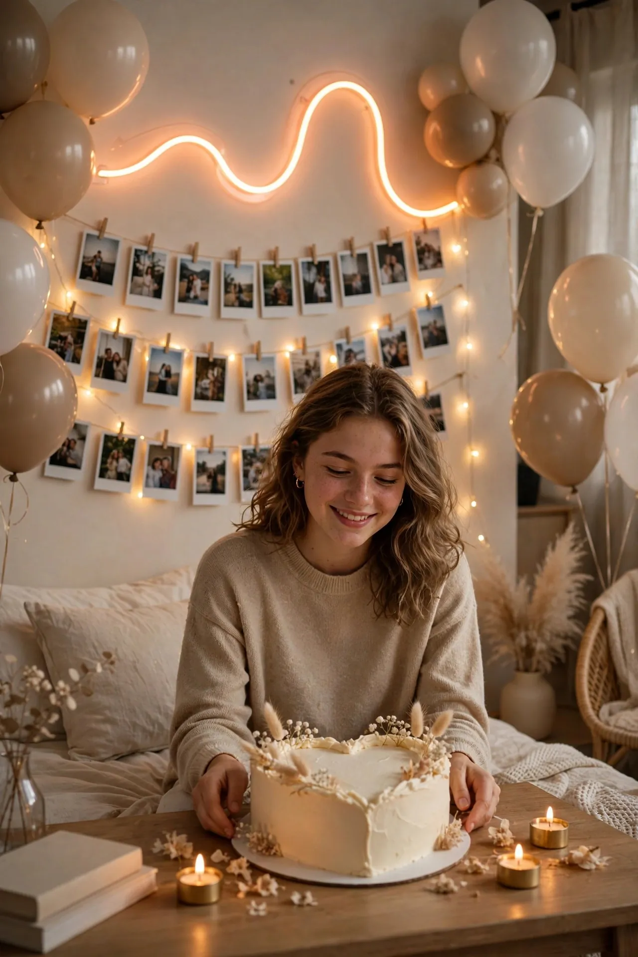 Aesthetic teen girl birthday party with neutral balloons