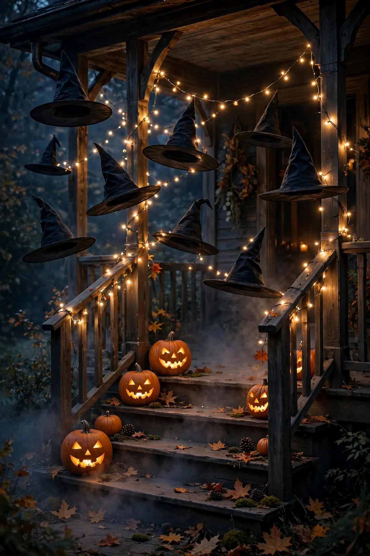 Floating witch hats with lights over a Halloween porch