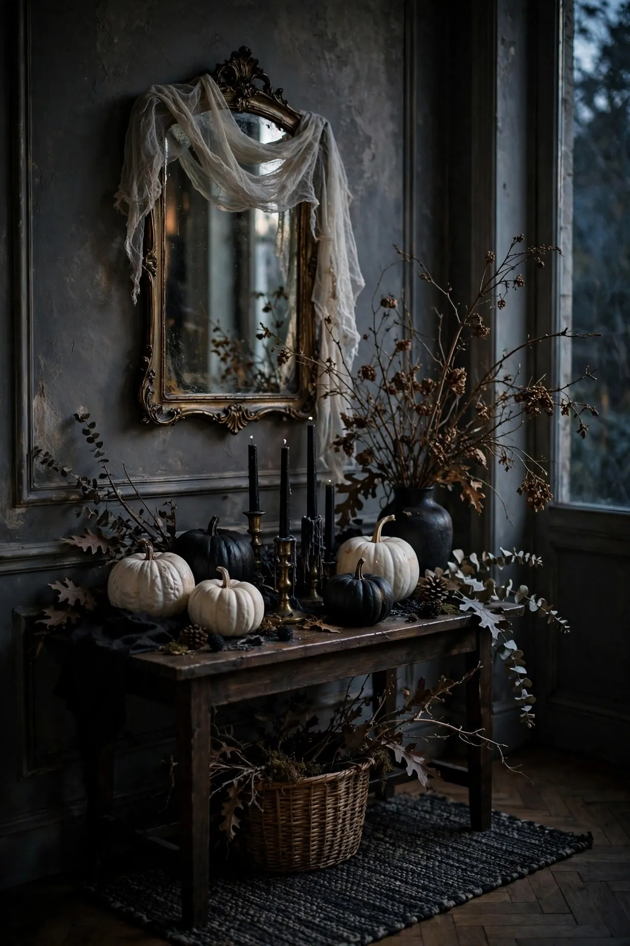 Halloween entryway console with pumpkins and black candles
