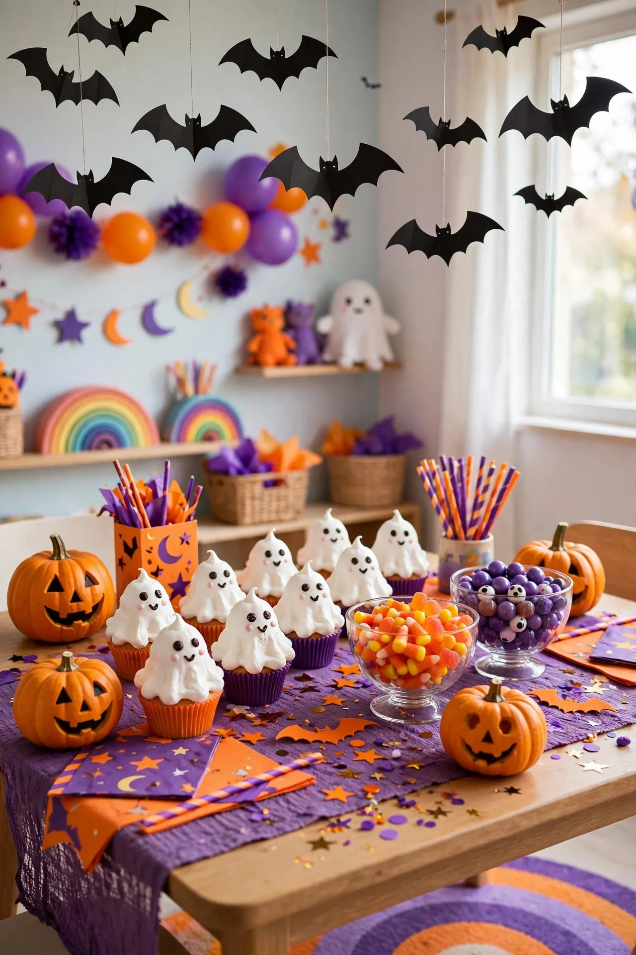 Kids Halloween party table with treats and friendly decor