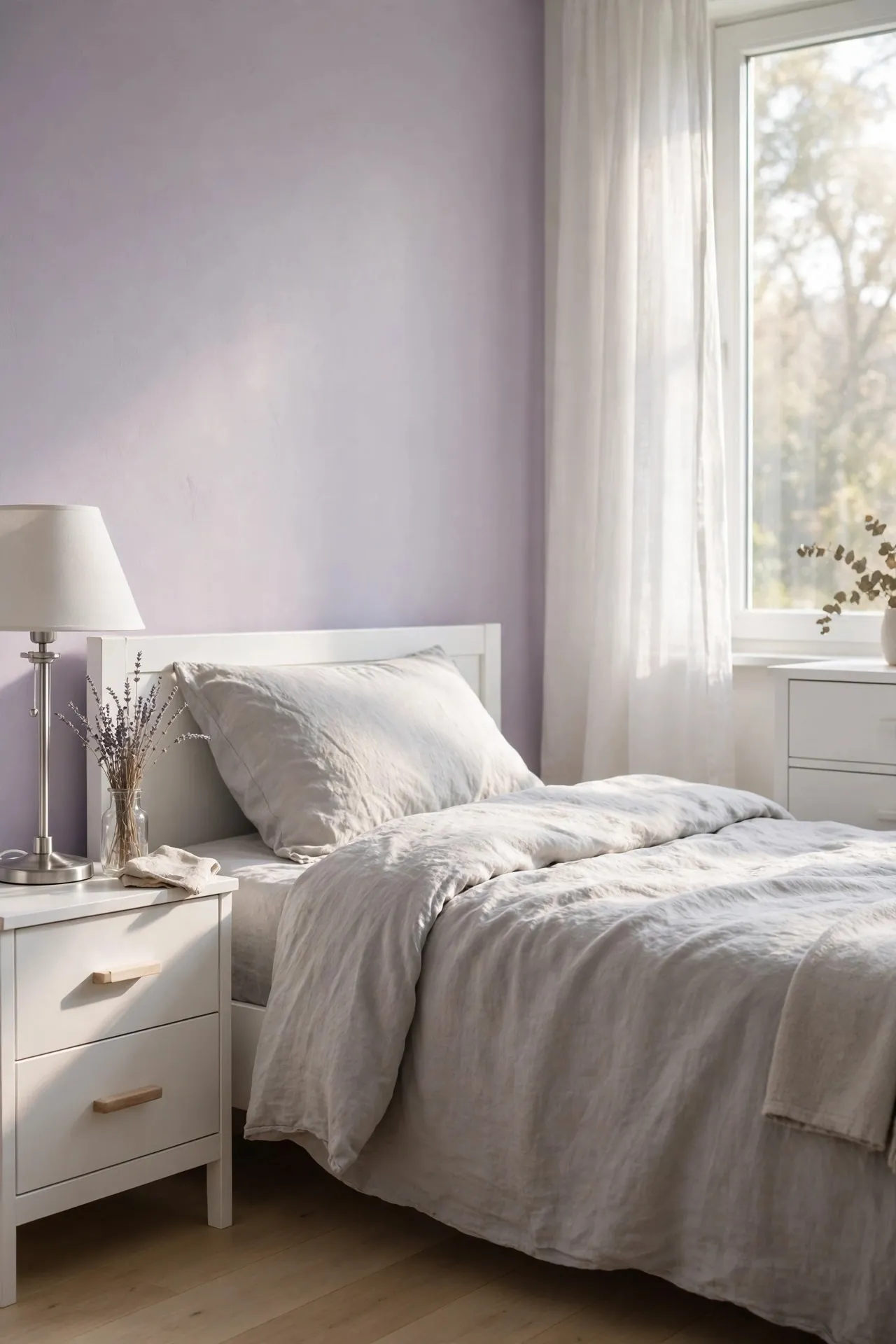 Calm bedroom with lavender walls and grey bedding