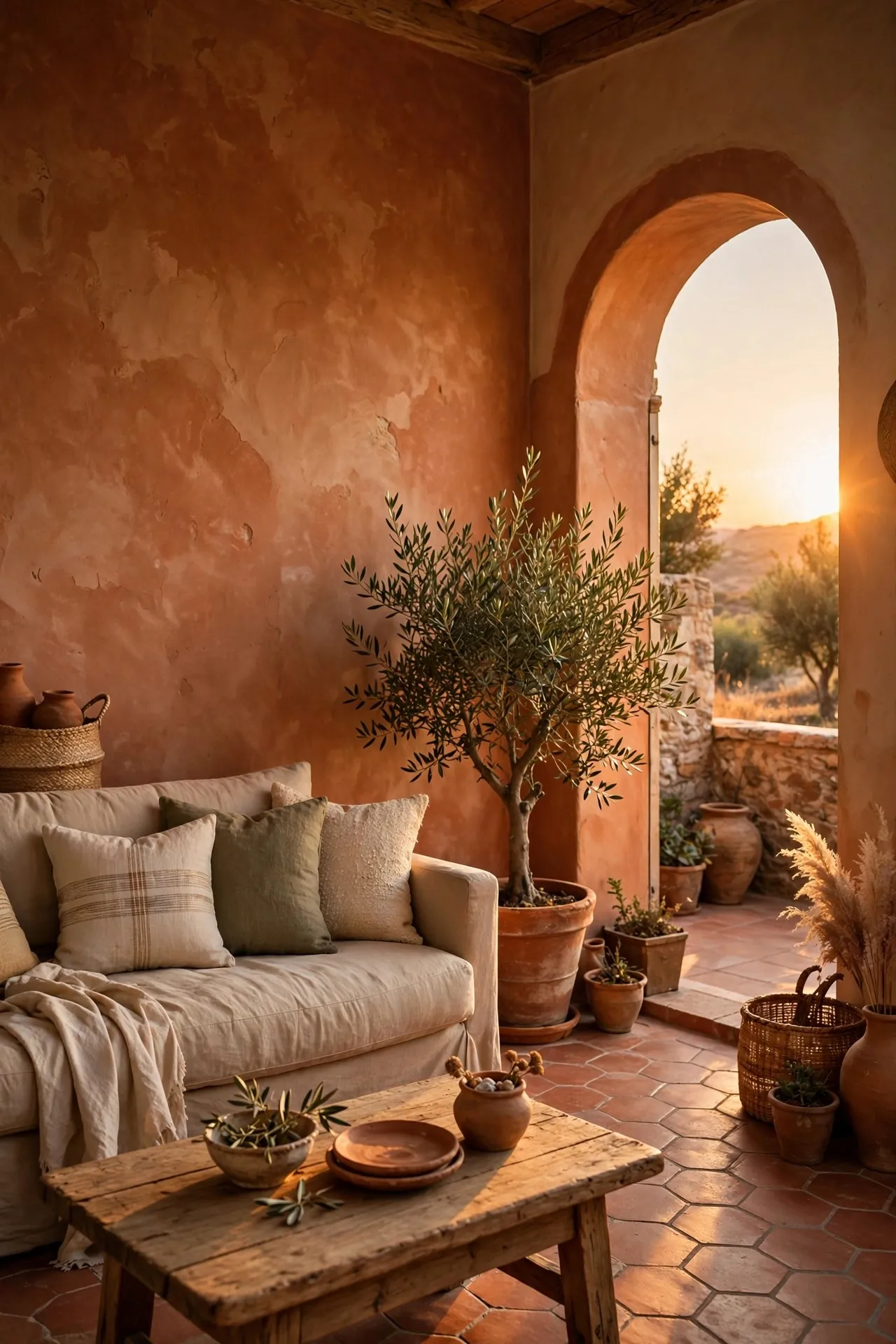 Terracotta and sand Mediterranean living room color palette