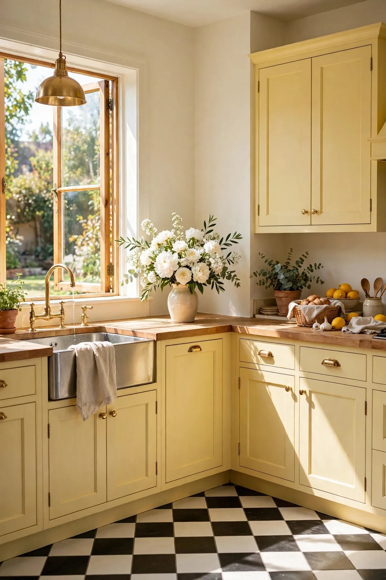 Kitchen with butter yellow cabinets and cream walls