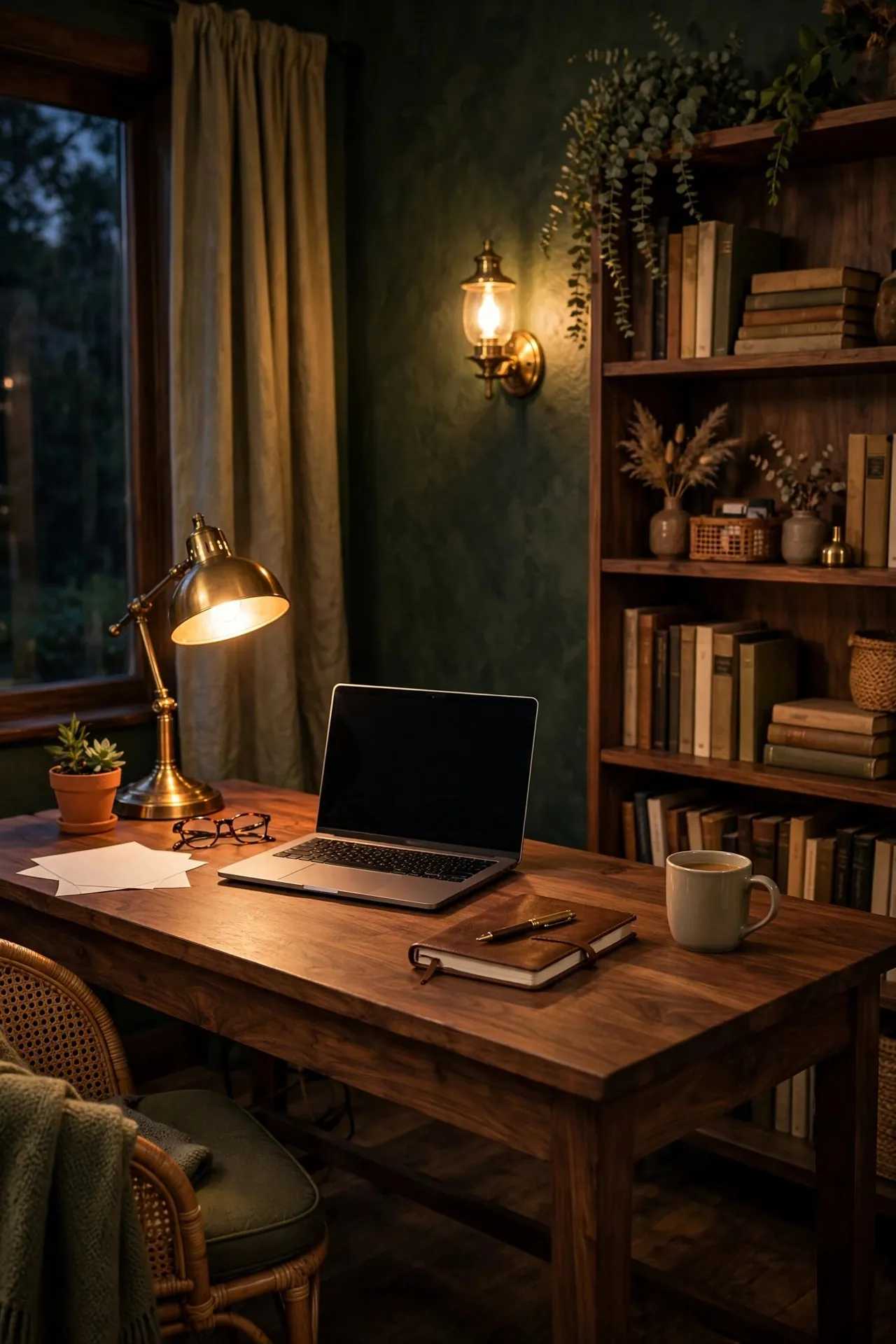 Home office with brass desk lamp and warm layered lighting