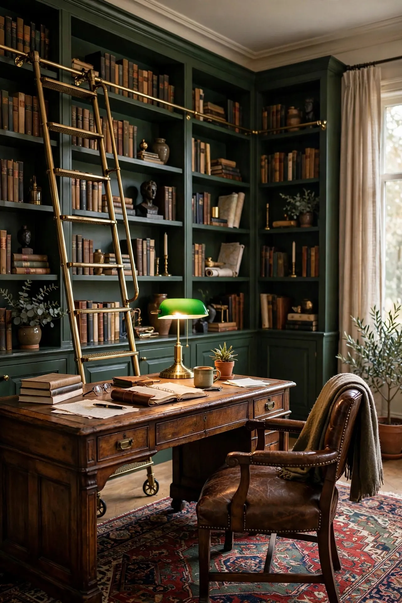 Home office library with floor-to-ceiling bookshelves and ladder