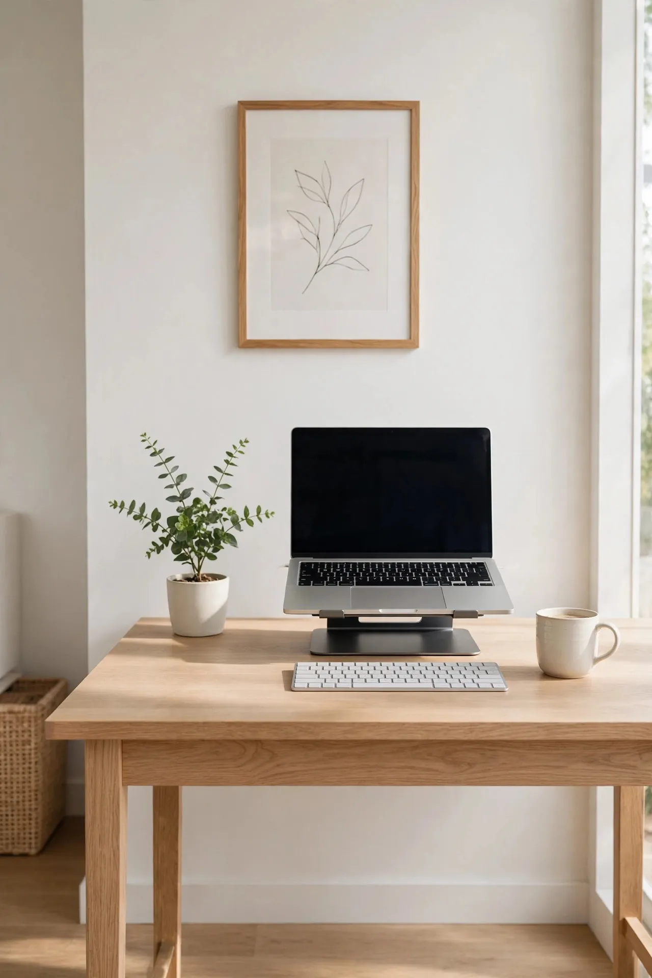 Minimal home office desk with laptop and plant