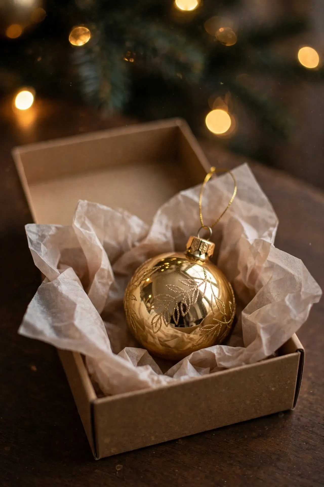 Gold ornament in a small gift box with tissue paper