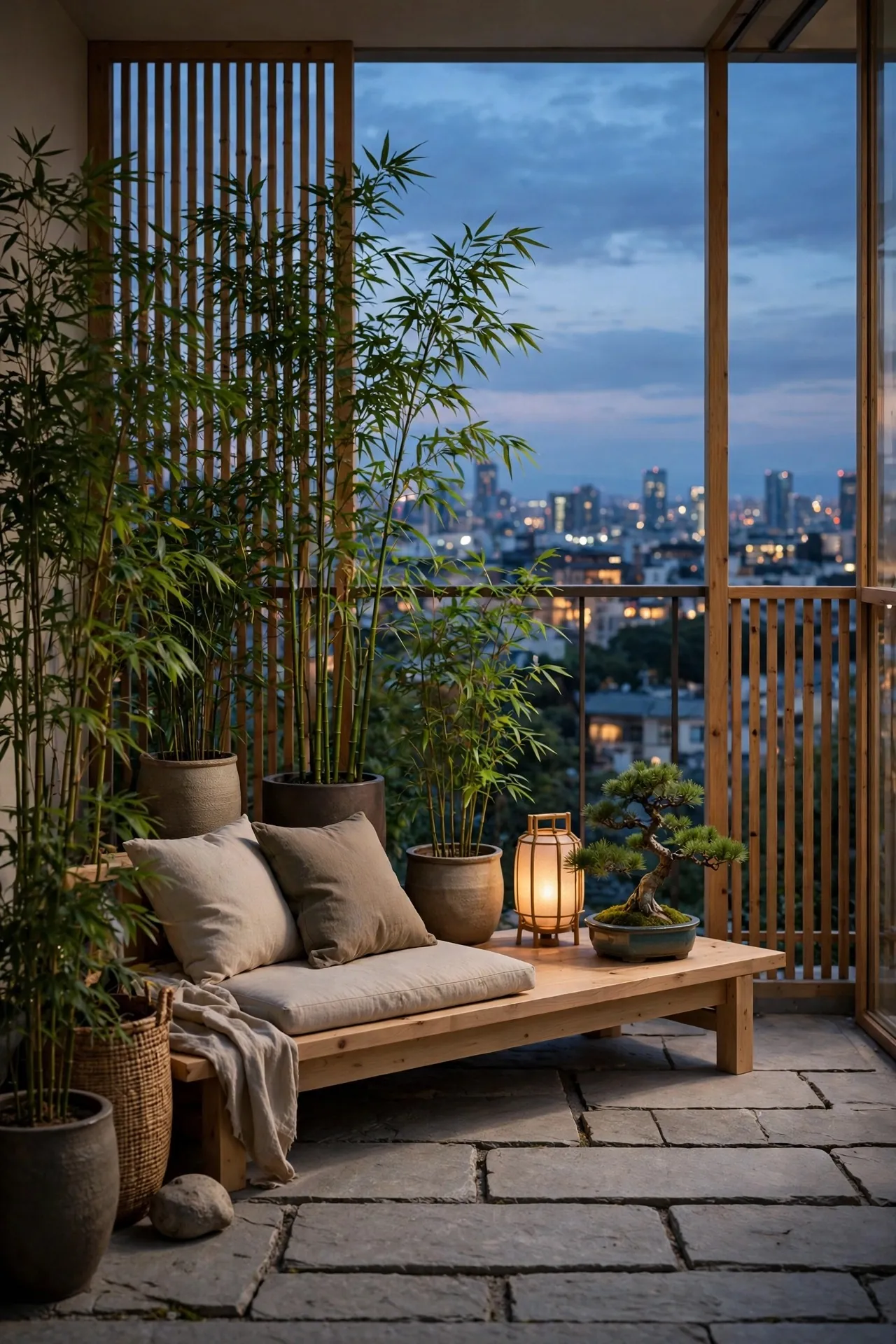 Japandi balcony with bamboo, stone and low seating