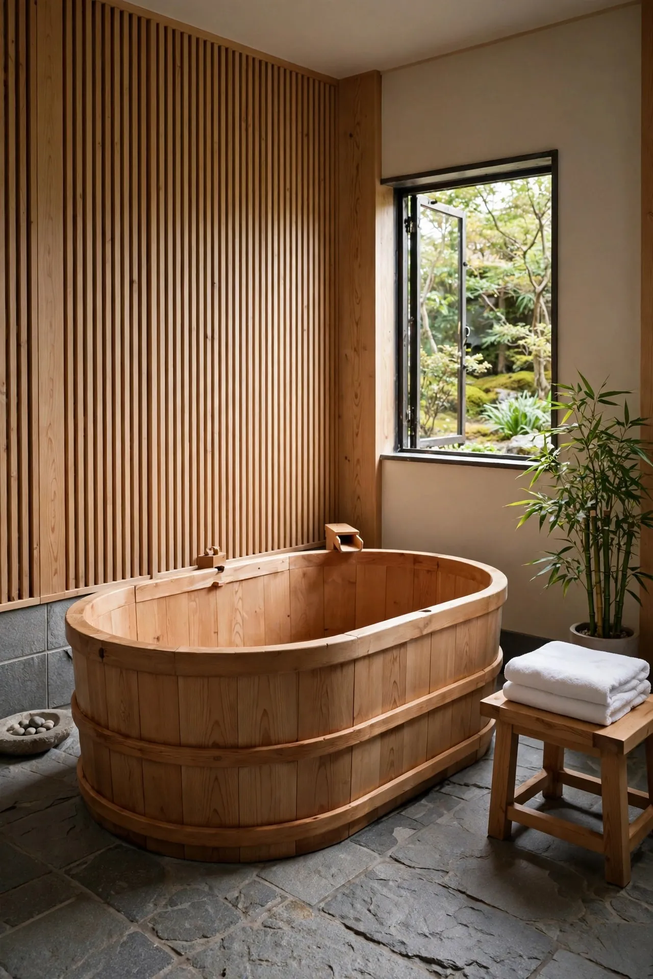 Japandi bathroom with a wooden soaking tub and stone