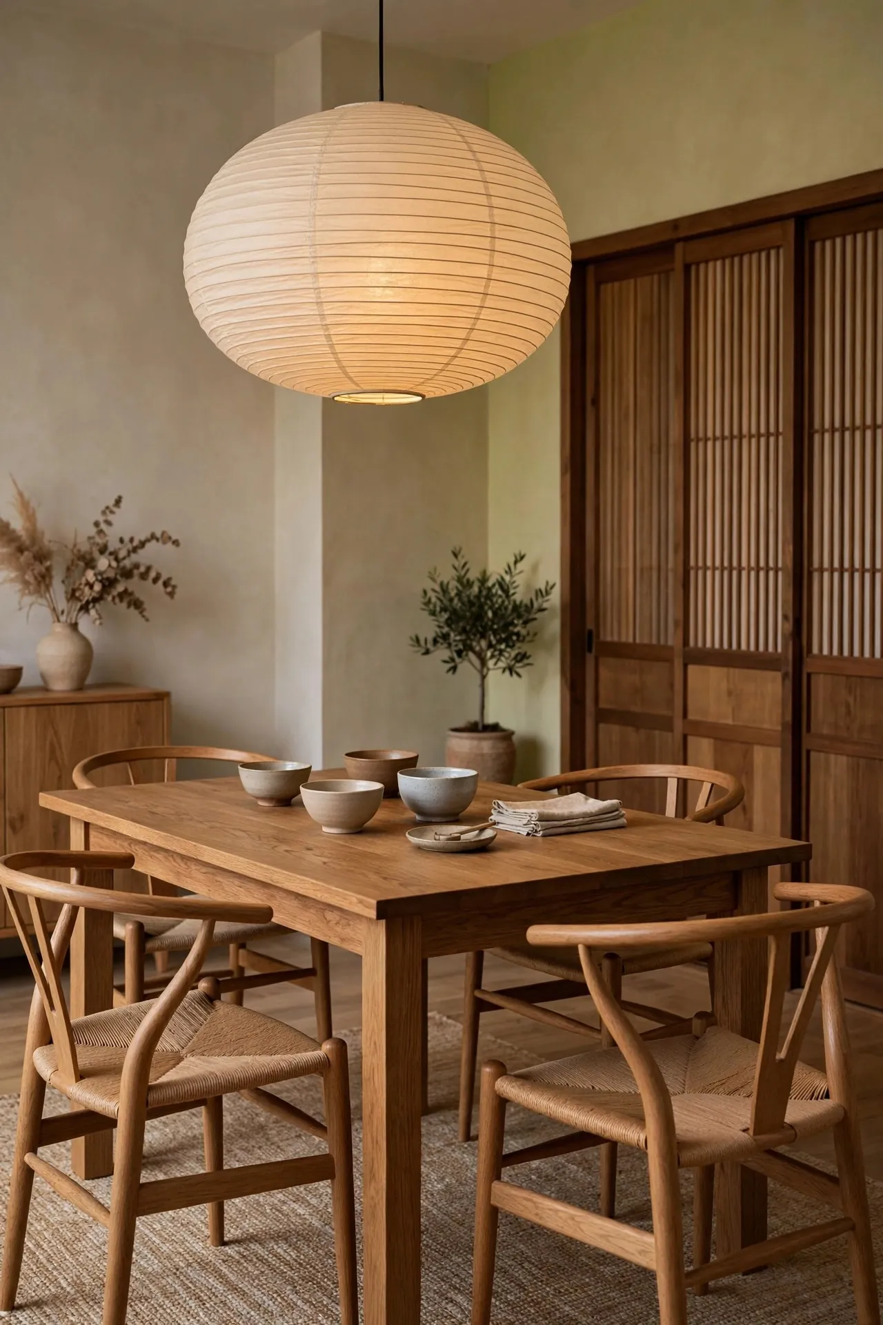 Paper lanterns and bamboo blinds in a minimal room