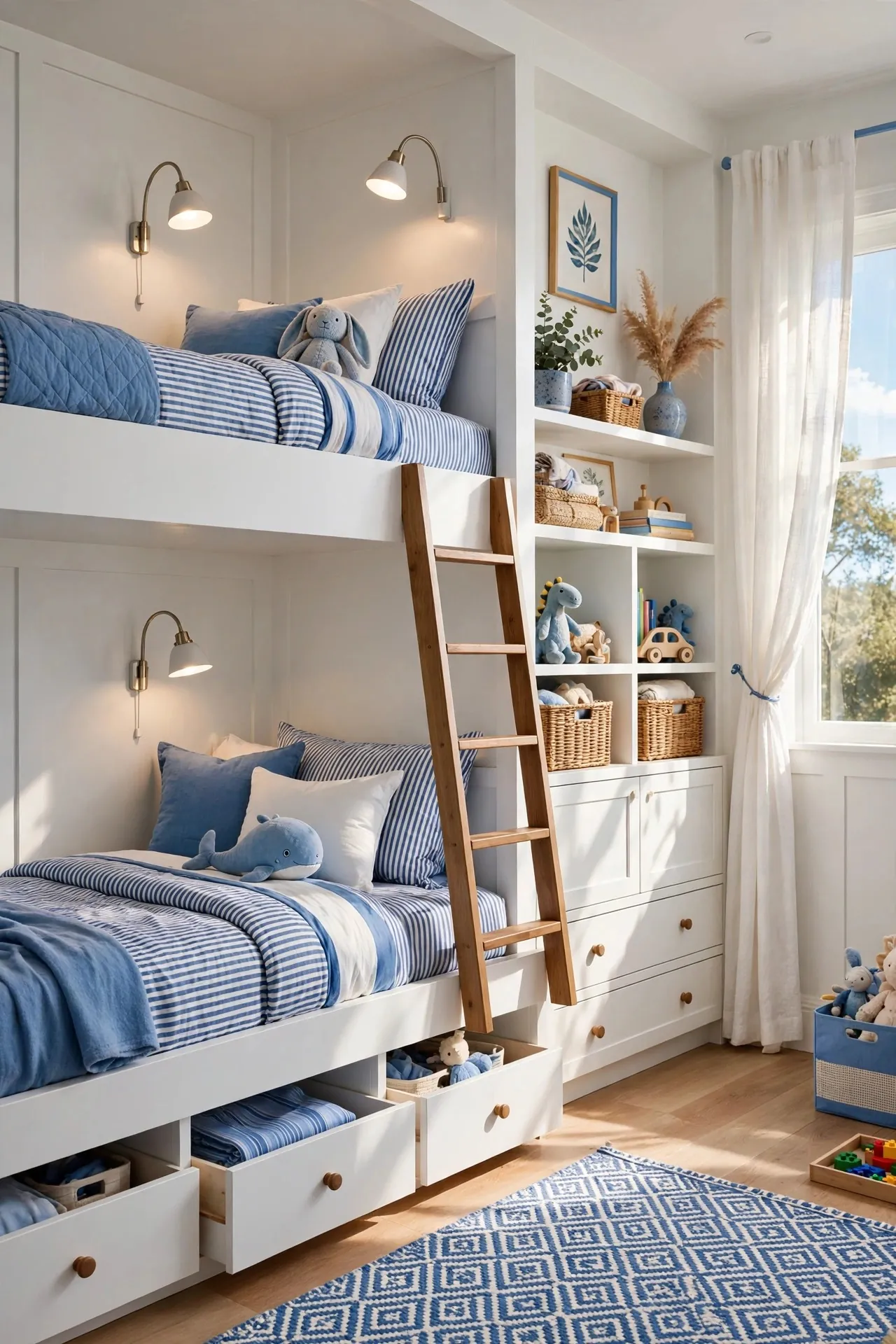 Shared kids room with built-in bunk beds and reading lights