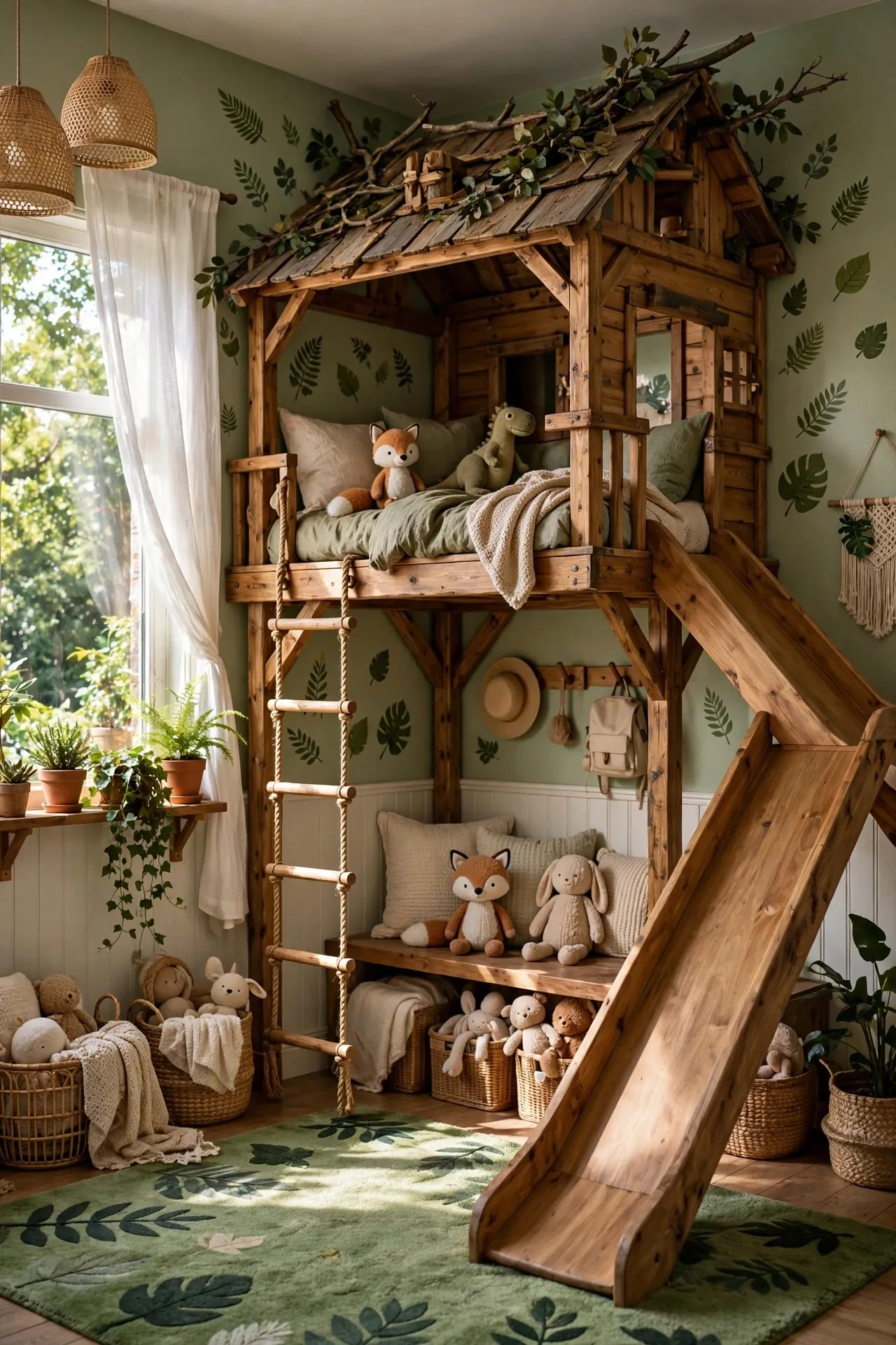 Kids bedroom with a treehouse loft bed and slide