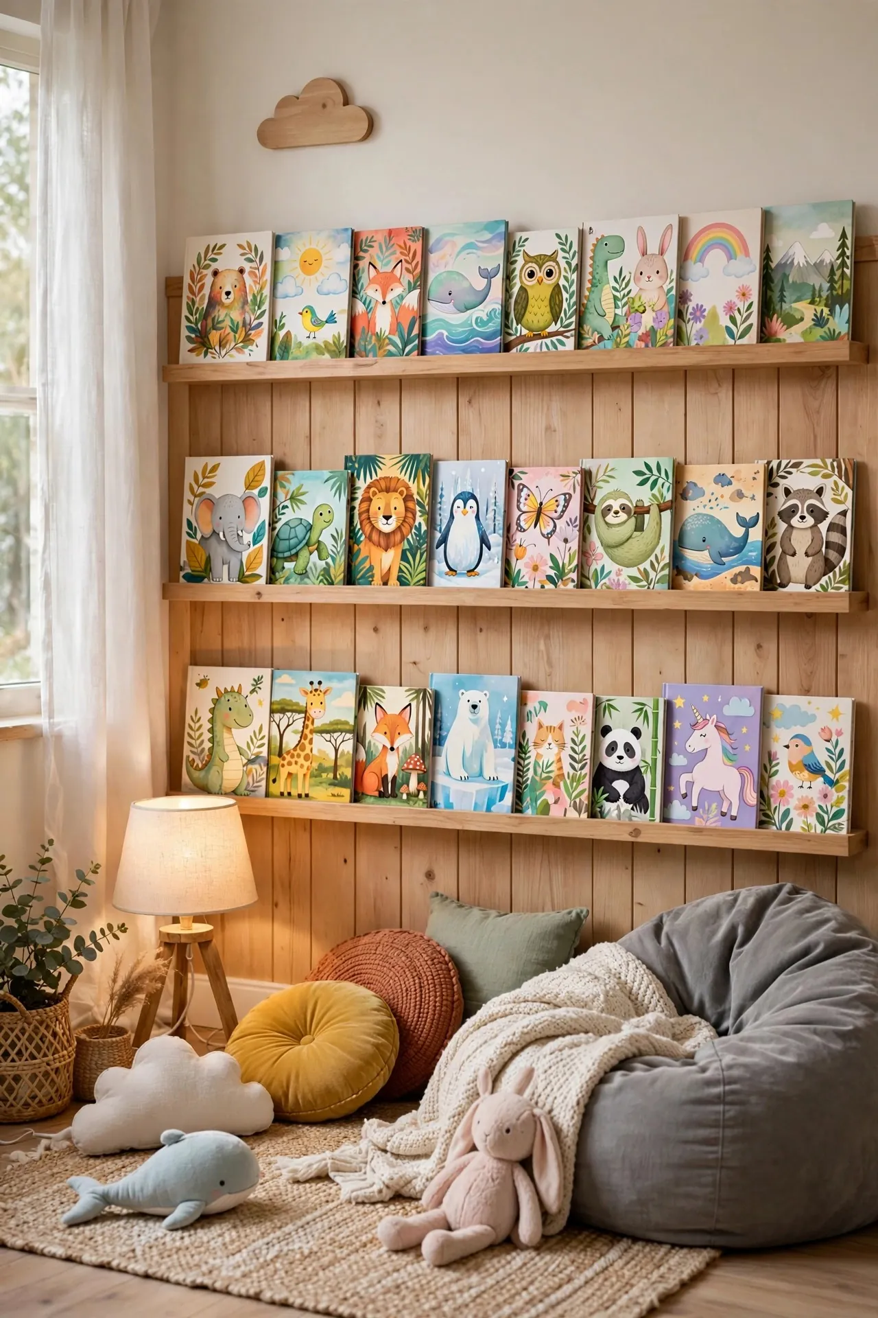 Kids bedroom reading wall with book ledges and cushions