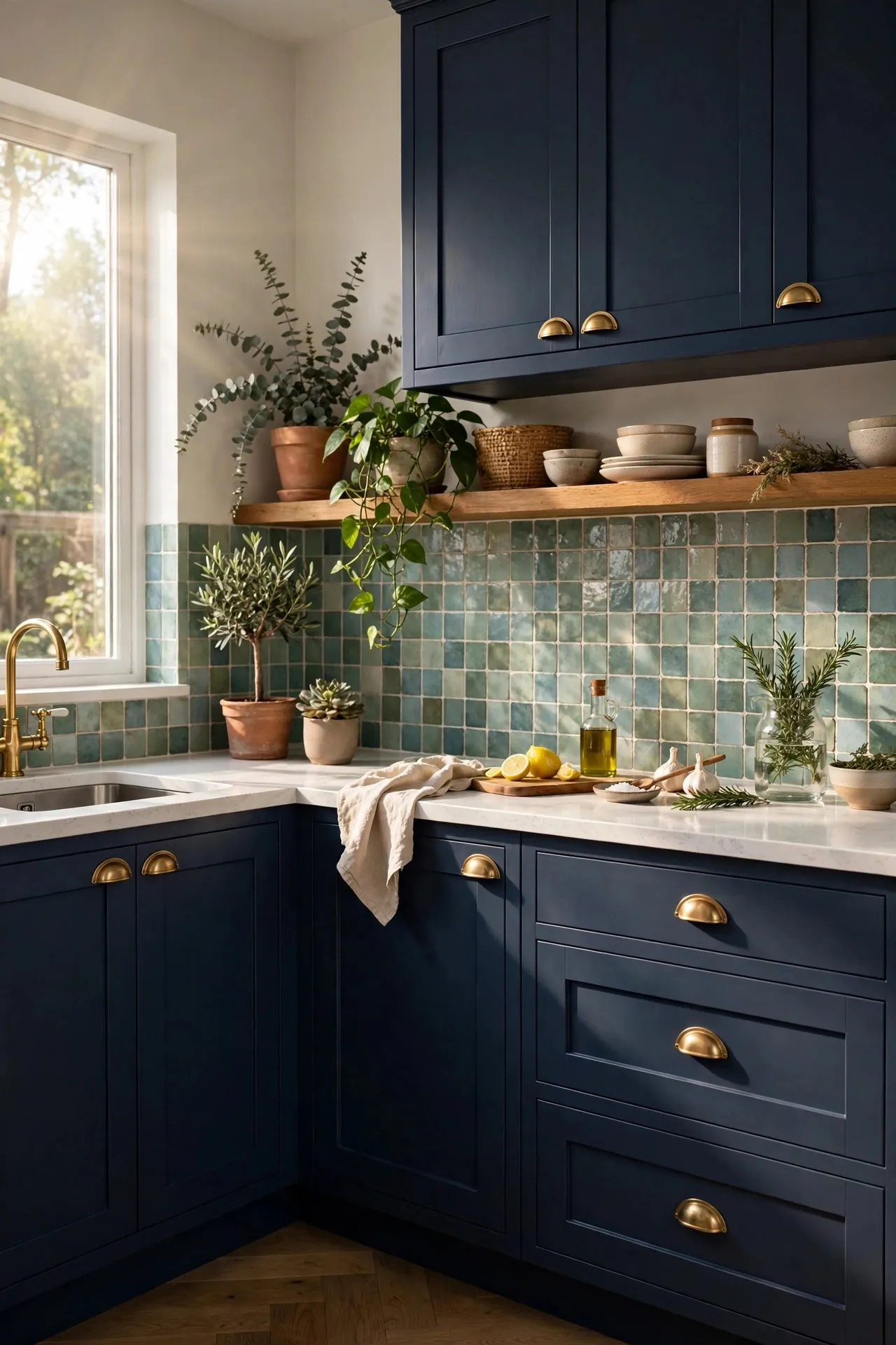 Navy blue kitchen cabinets with brass handles and white counters