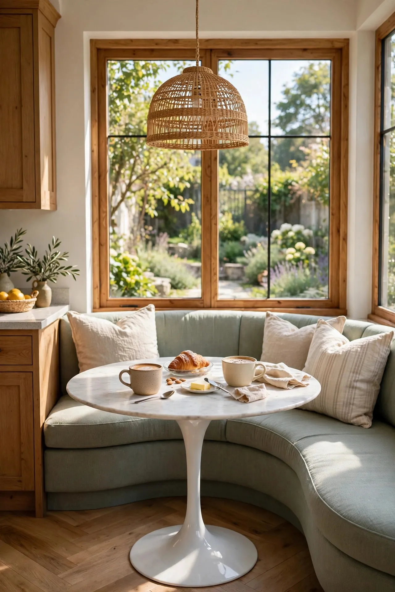 Kitchen breakfast nook with banquette and round table