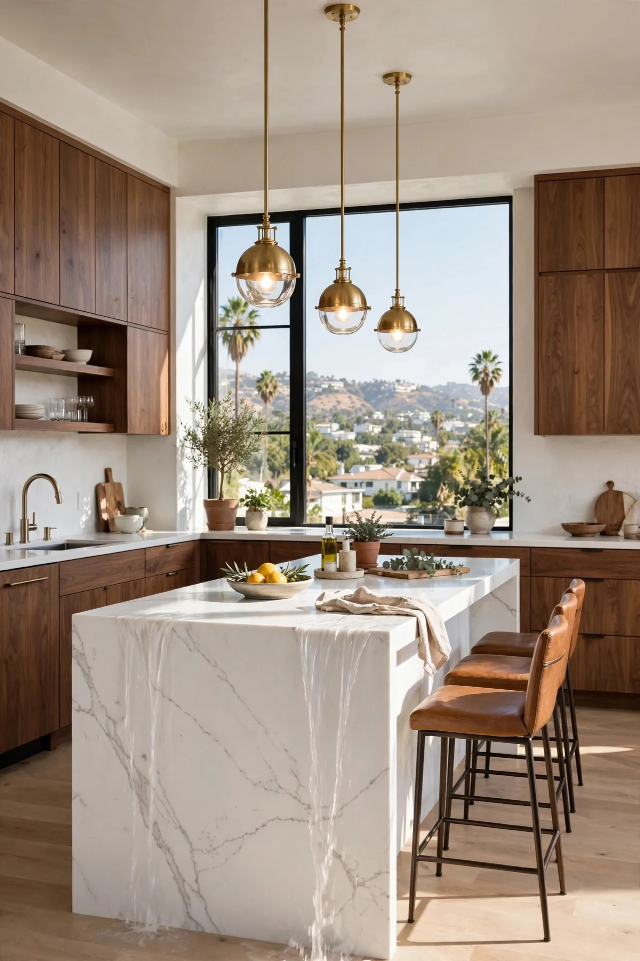 Modern kitchen with a marble waterfall island and pendant lights