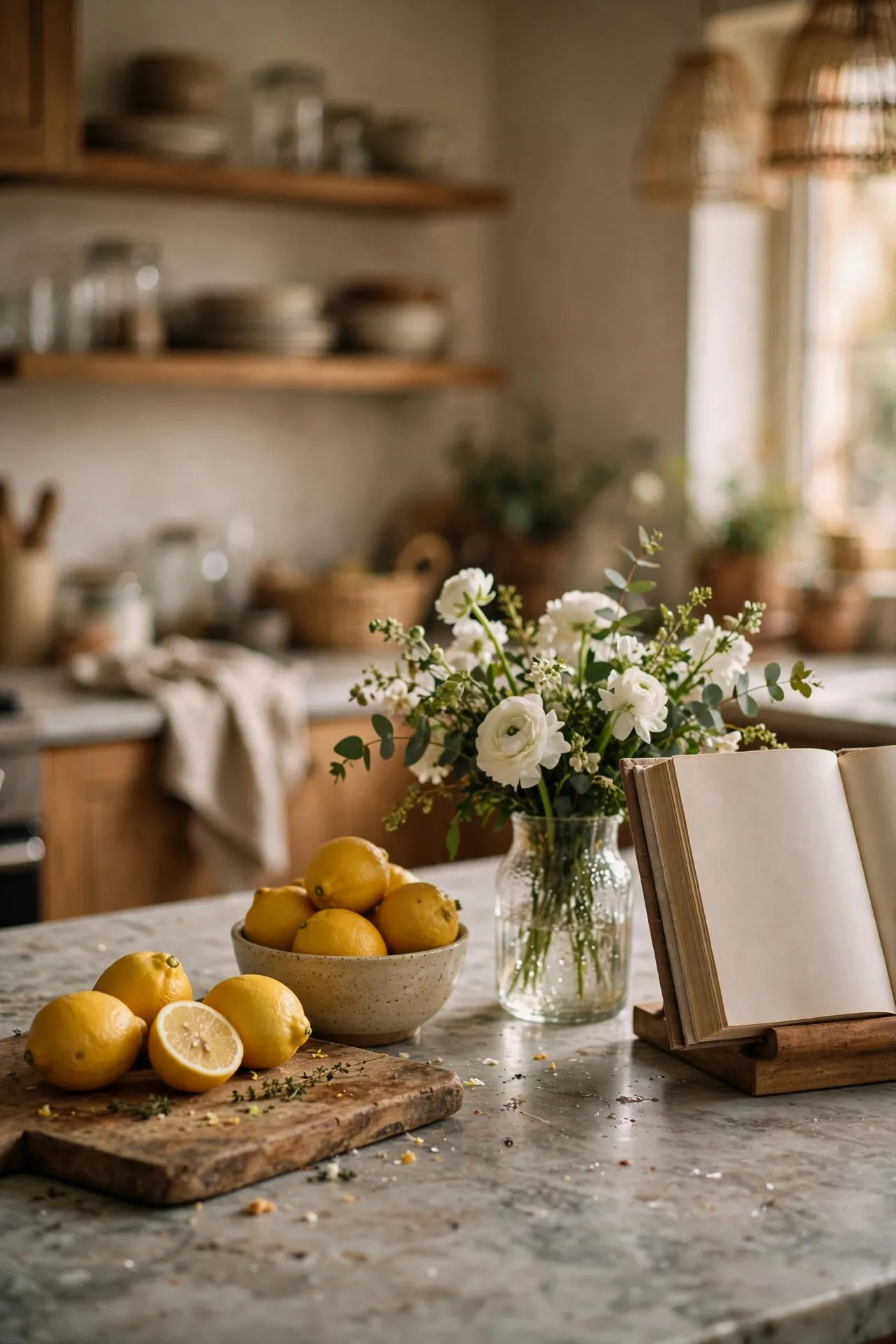 Styled kitchen island with flowers, fruit and a cutting board