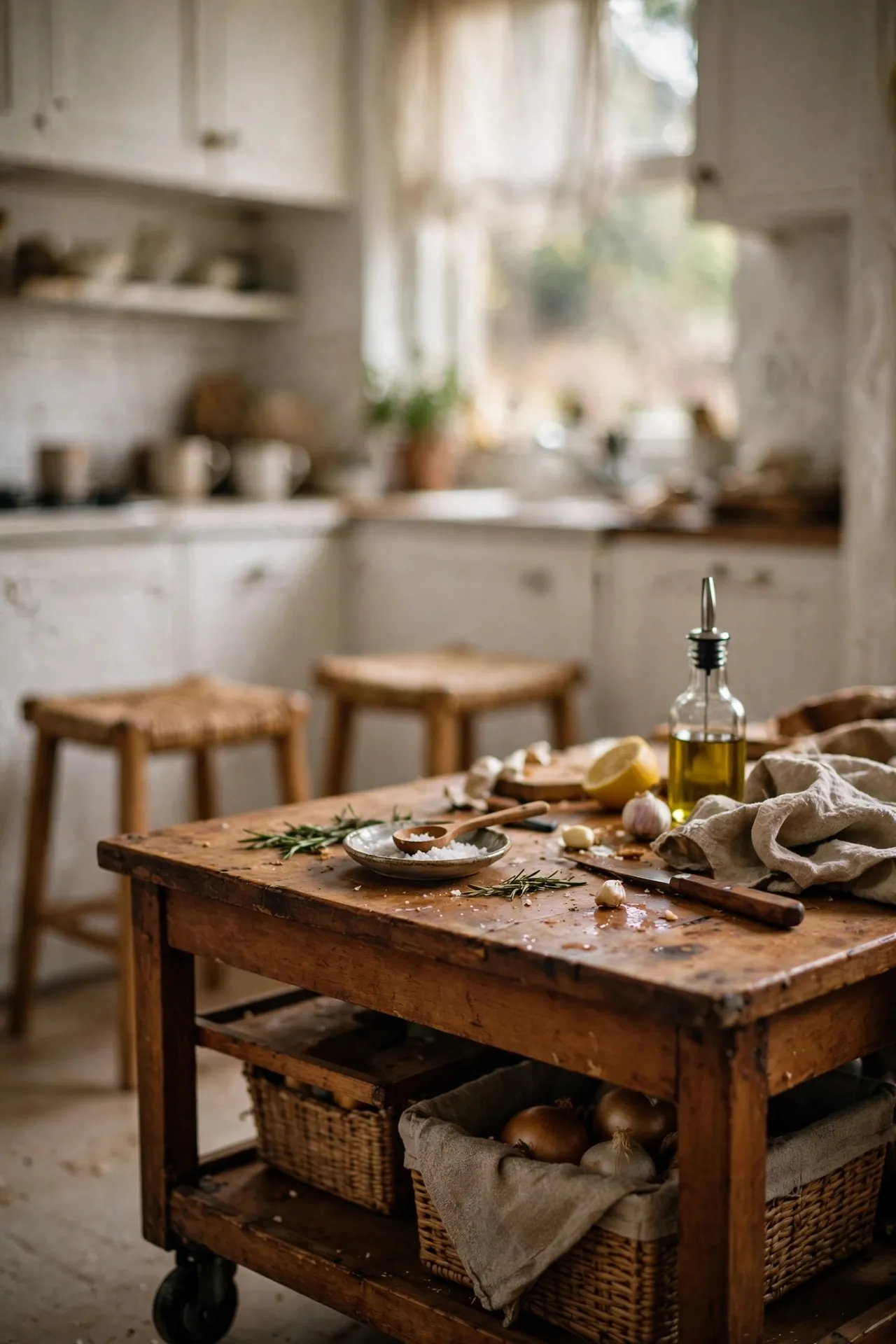 Small kitchen with a rolling island cart