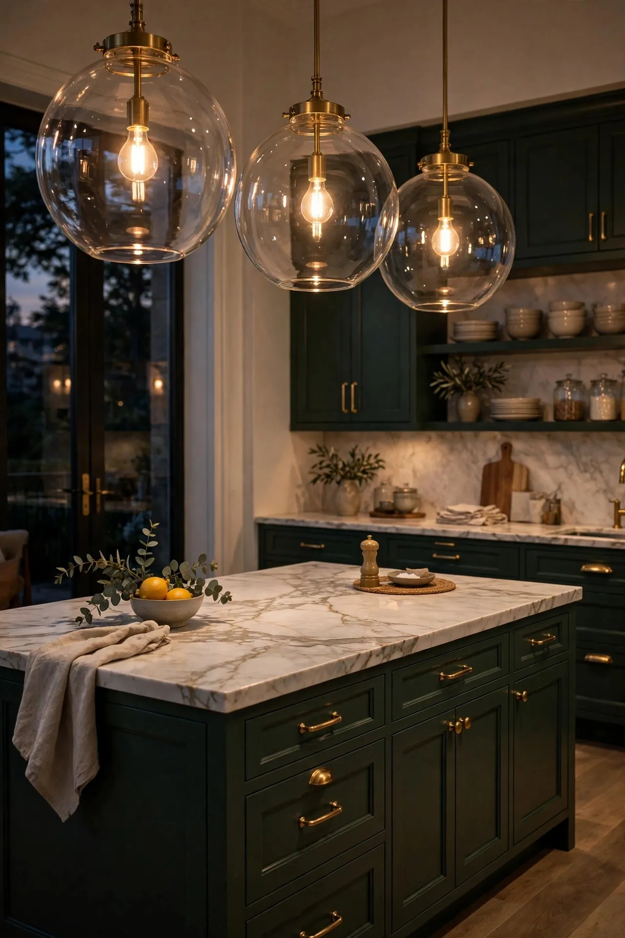 Kitchen island with three oversized glass pendant lights