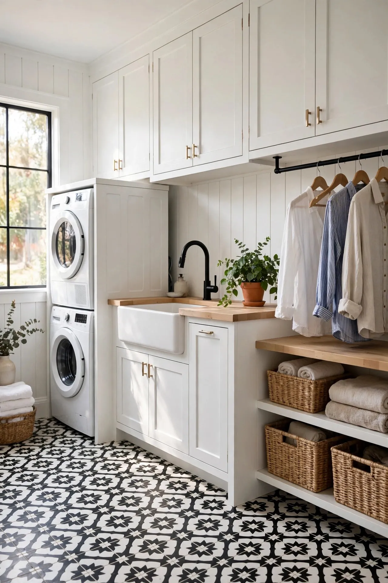 Laundry room with black and white patterned floor tiles