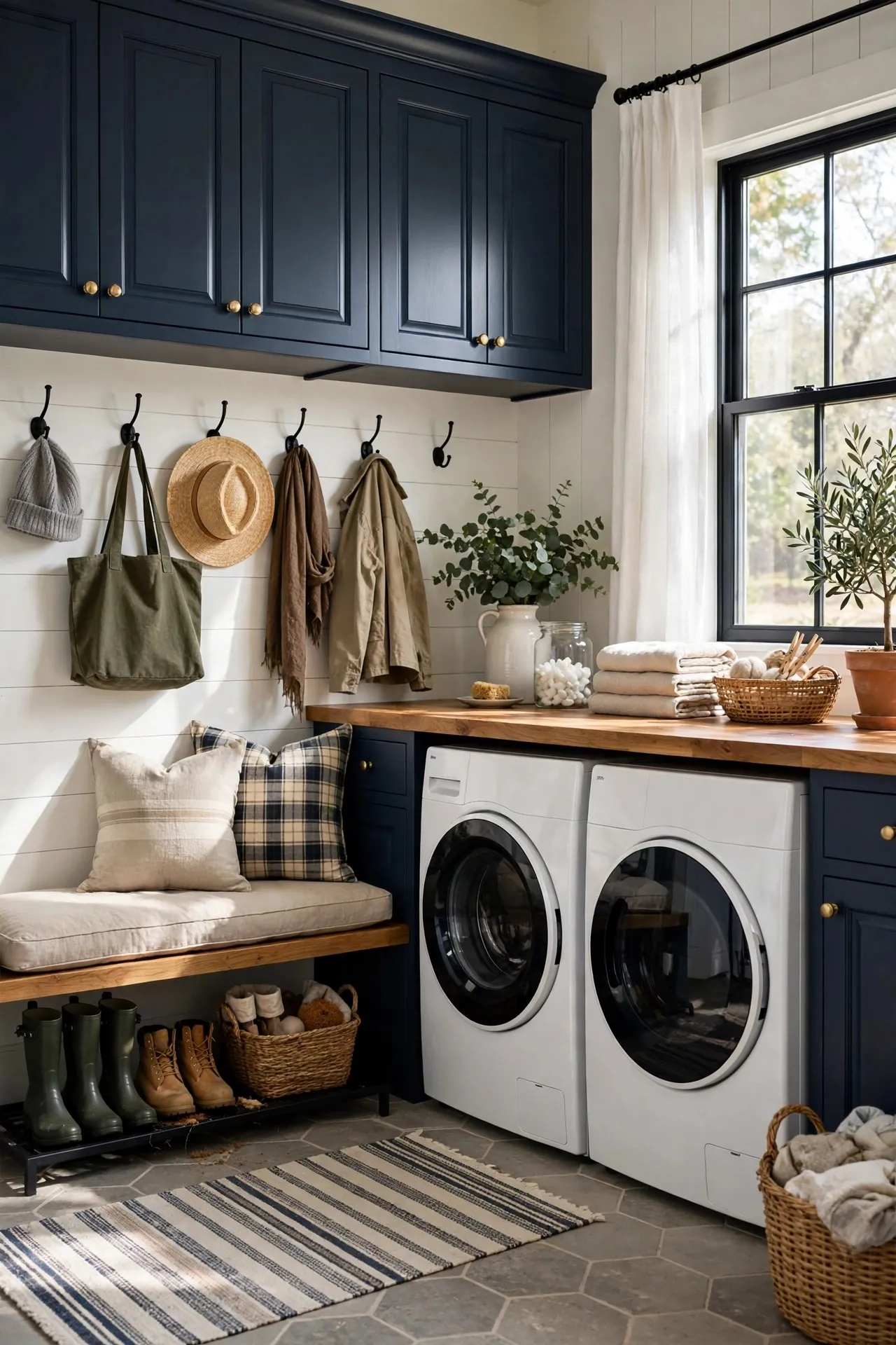Mudroom laundry combination with bench and hooks