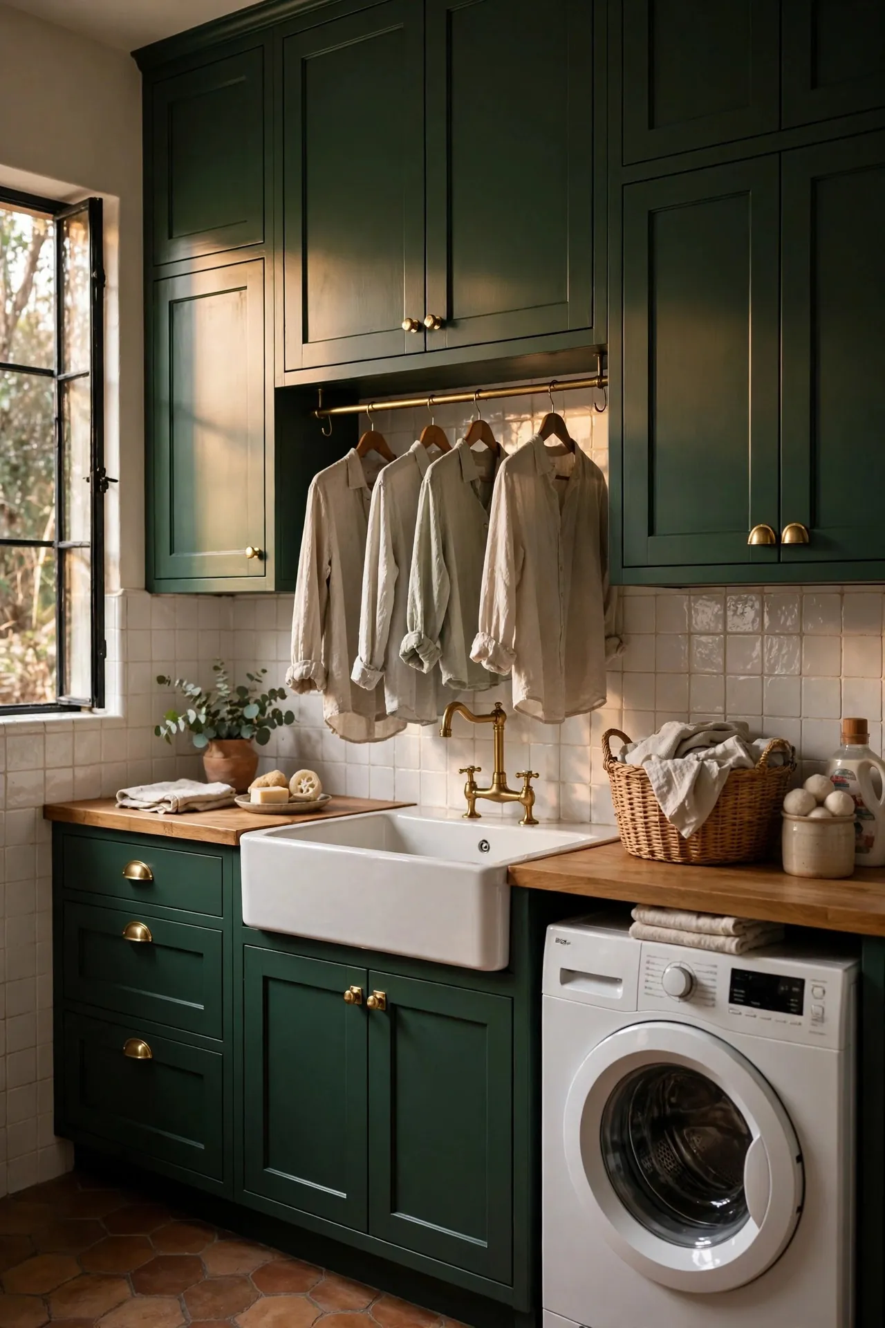 Laundry room with deep green cabinets and brass