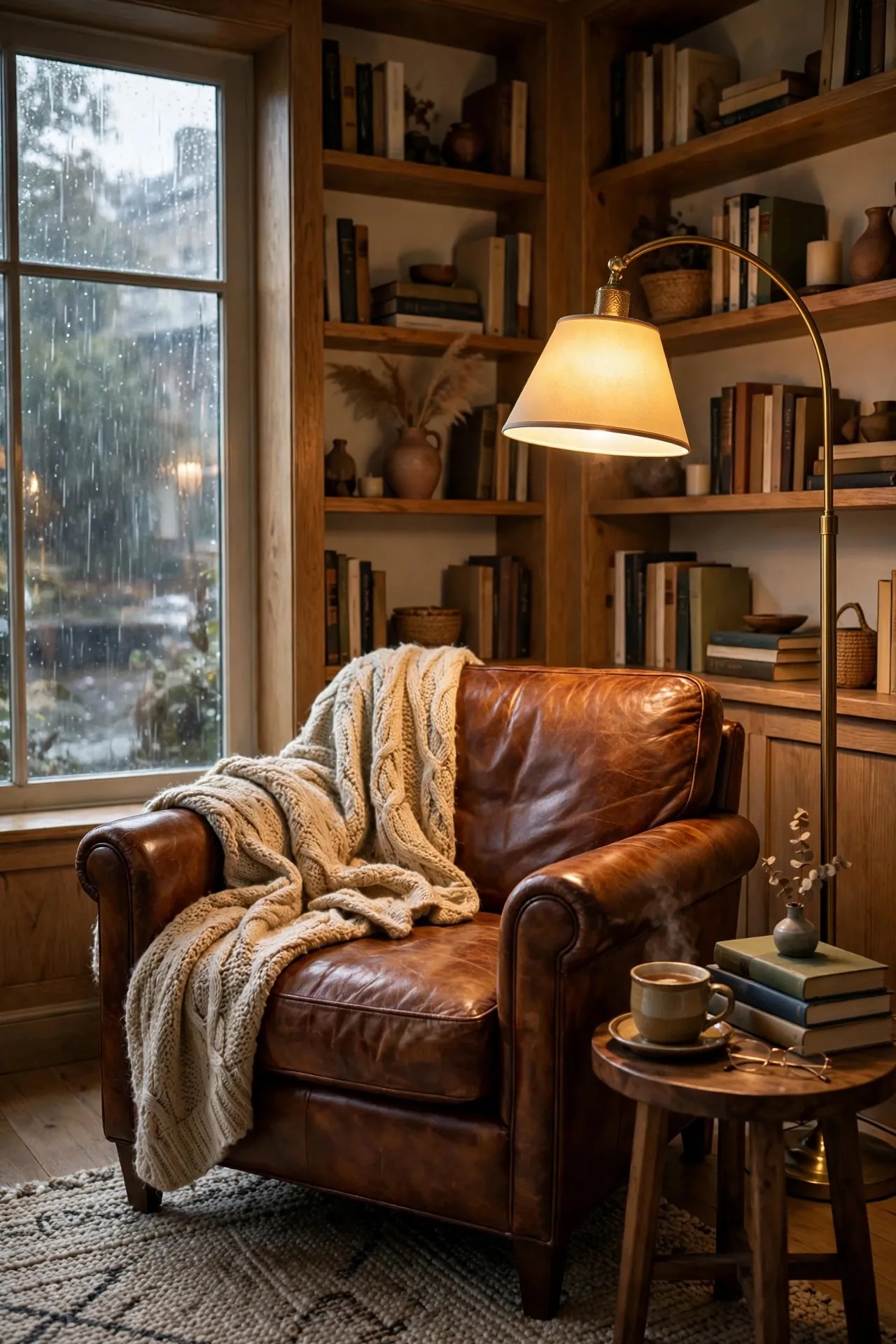 Living room corner with a leather reading chair and floor lamp