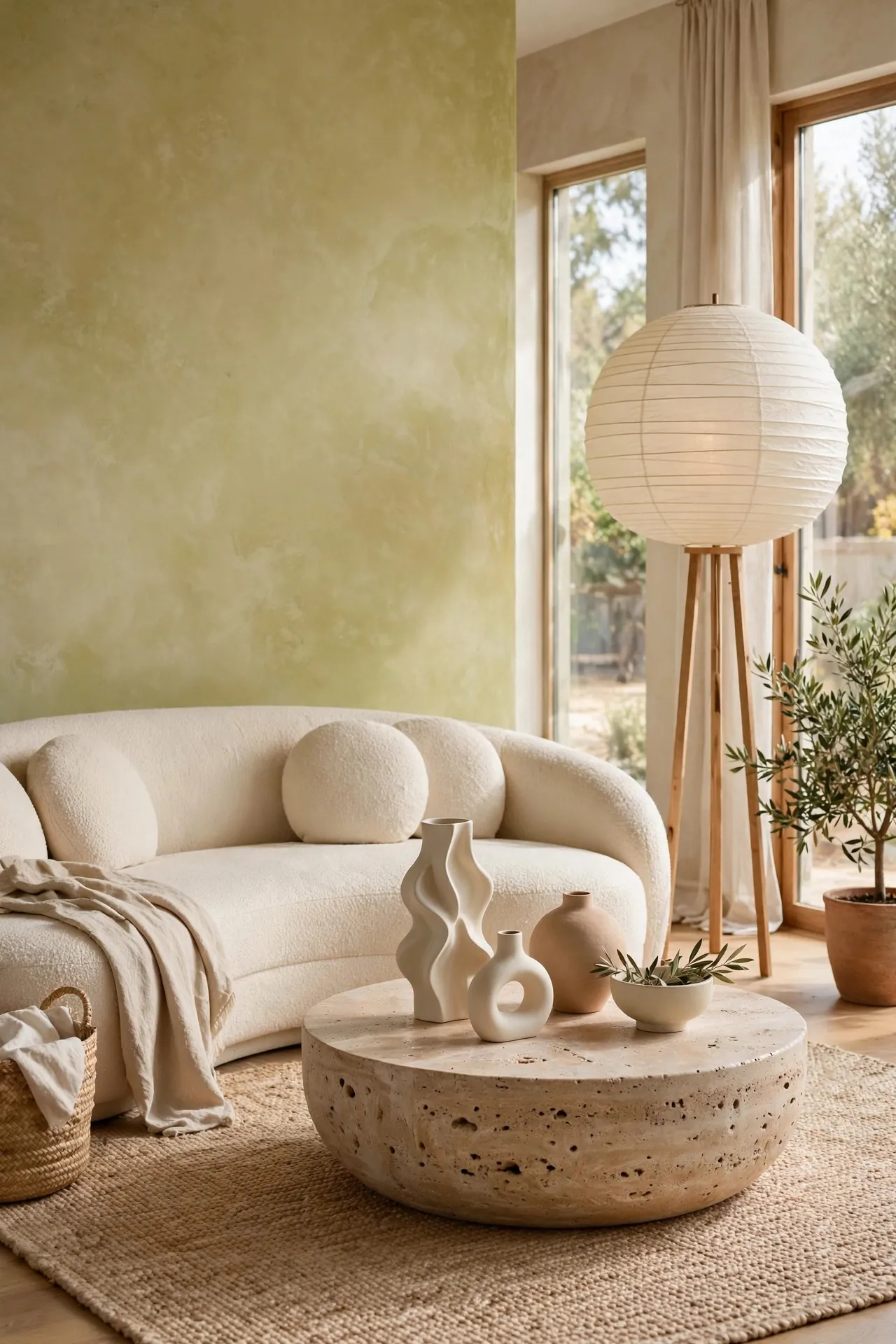 Curved boucle sofa in a modern living room with sculptural decor