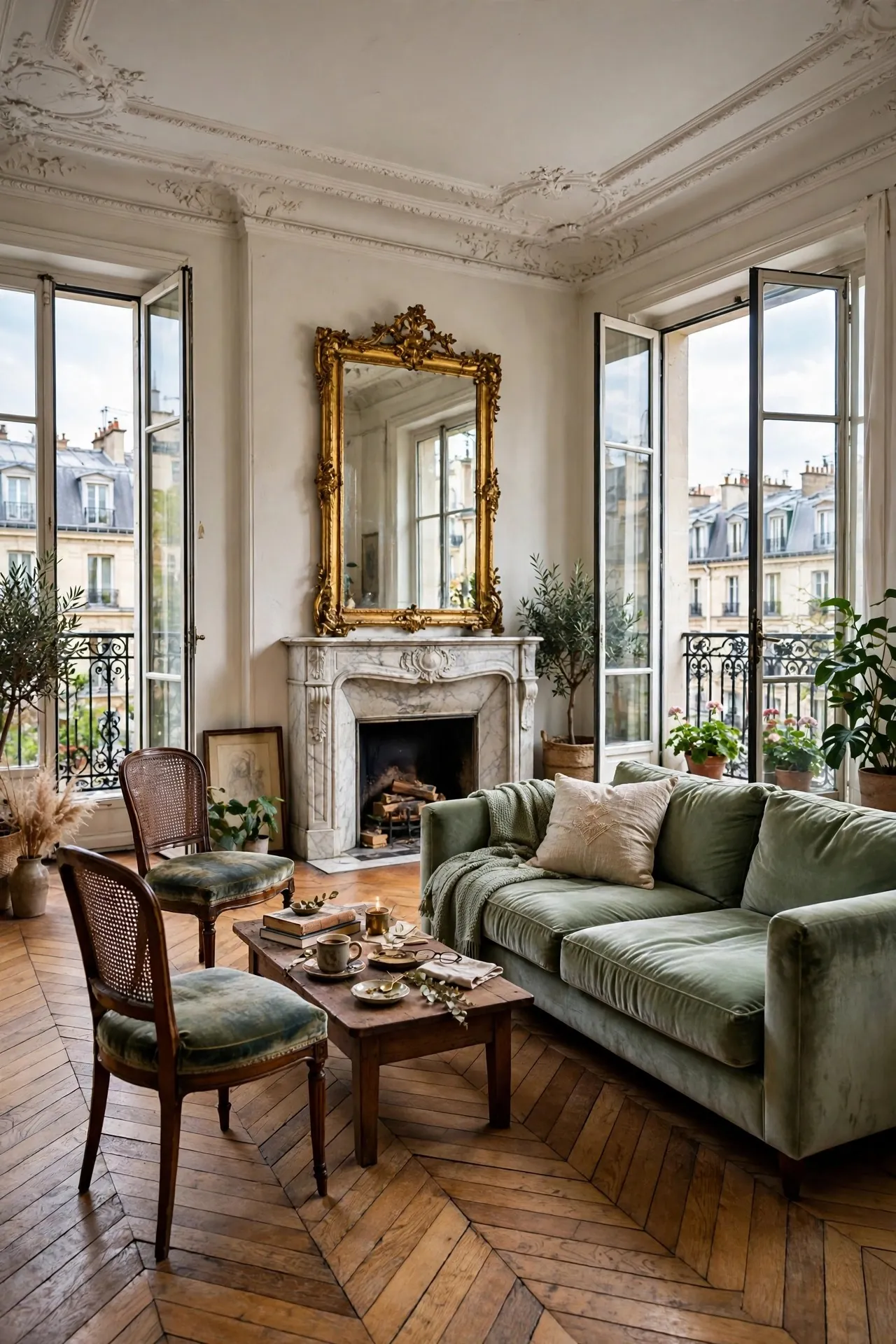 Parisian living room with herringbone floors and ornate mouldings