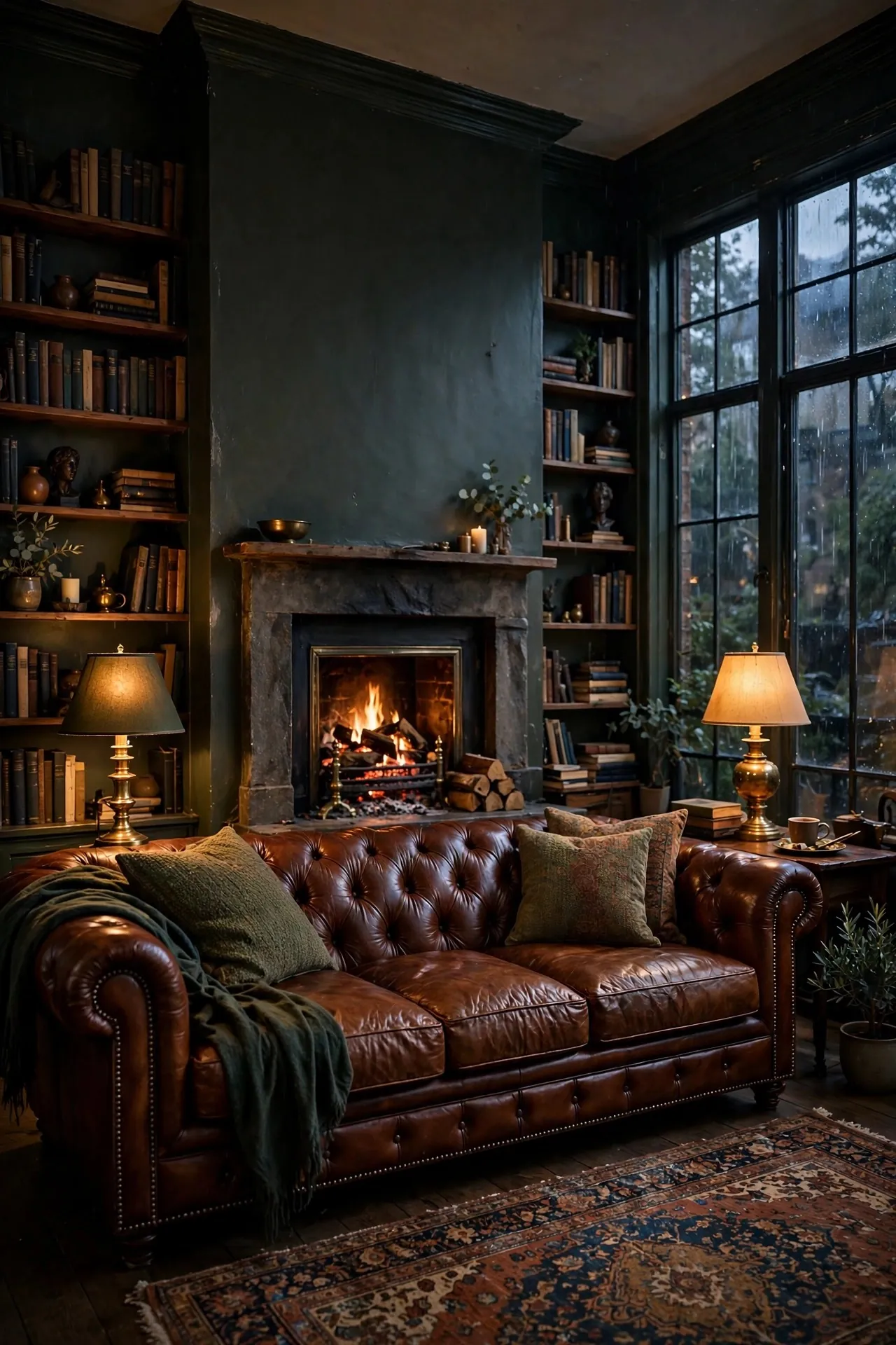 Moody living room with dark walls, leather sofa and lamp light
