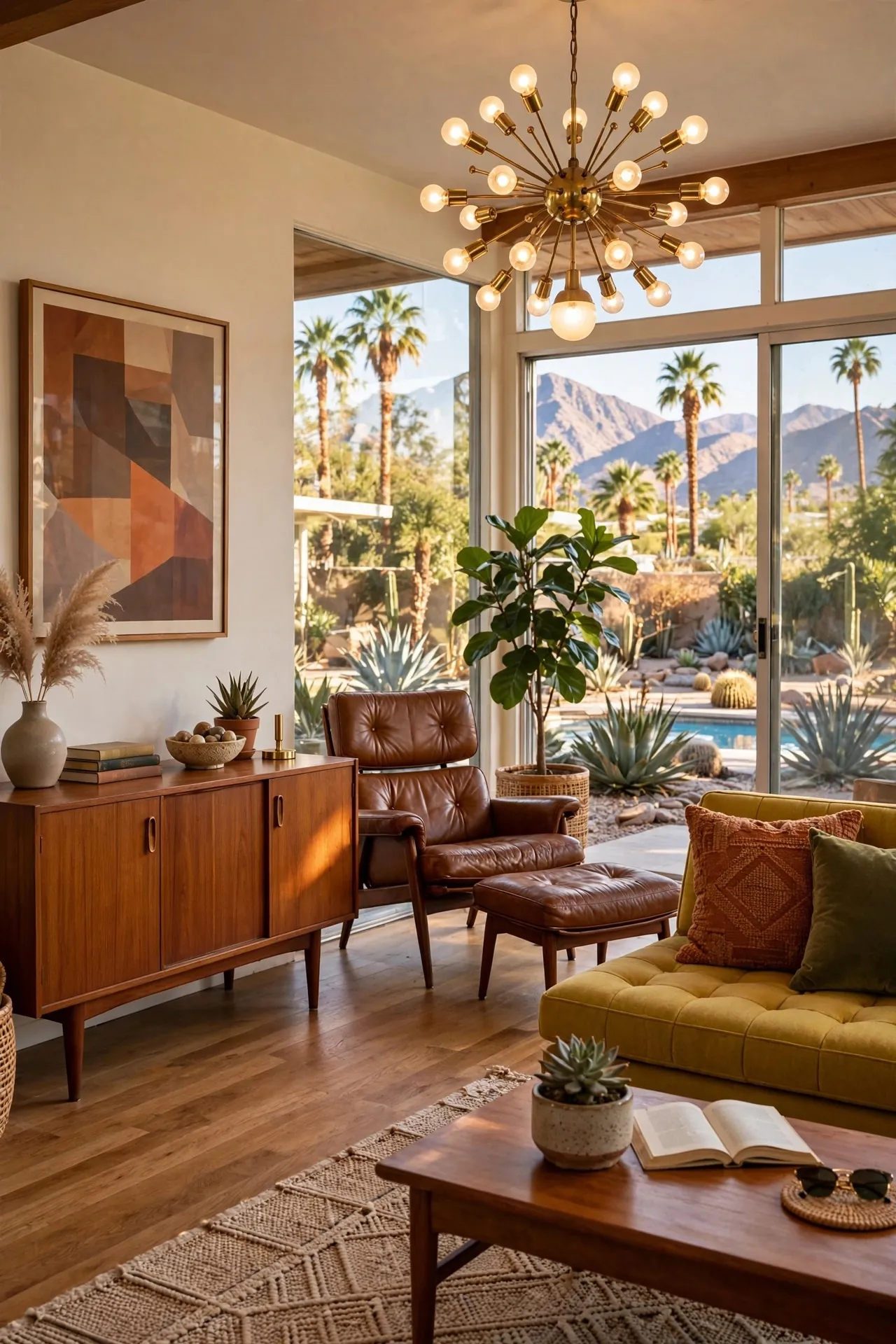 Mid-century modern living room with teak furniture and an Eames-style lounge chair