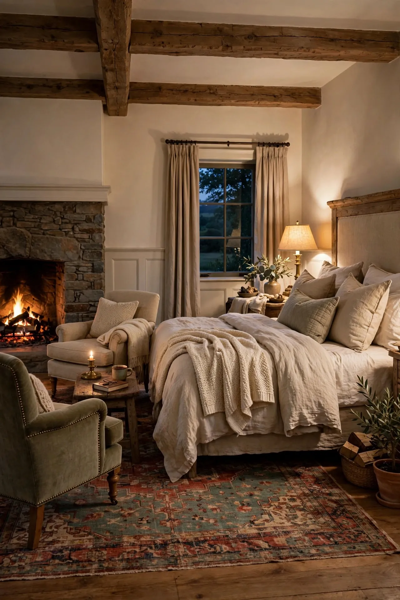 Master bedroom with a fireplace and armchairs