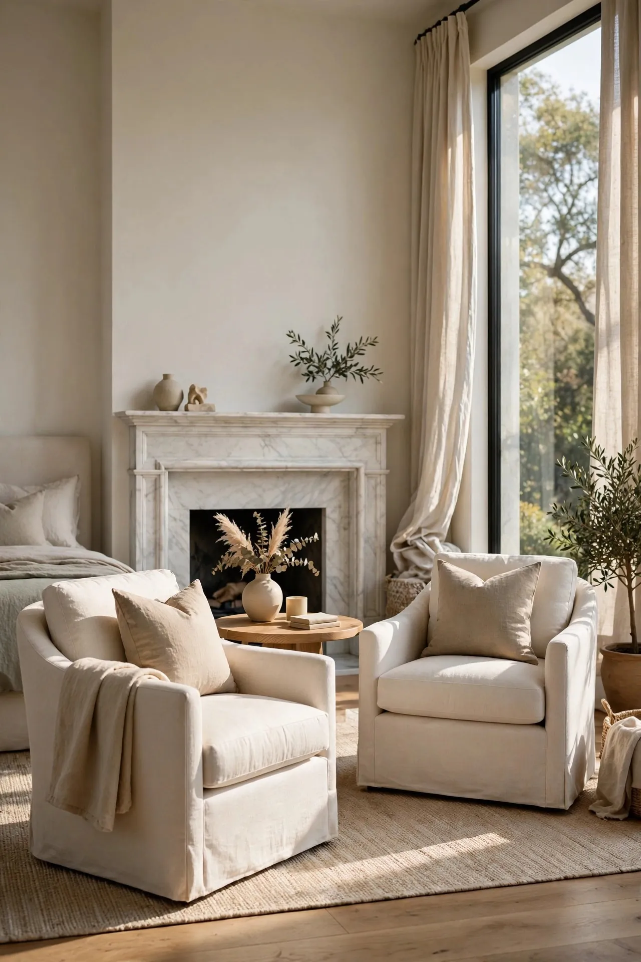 Master bedroom sitting area with two armchairs and a fireplace