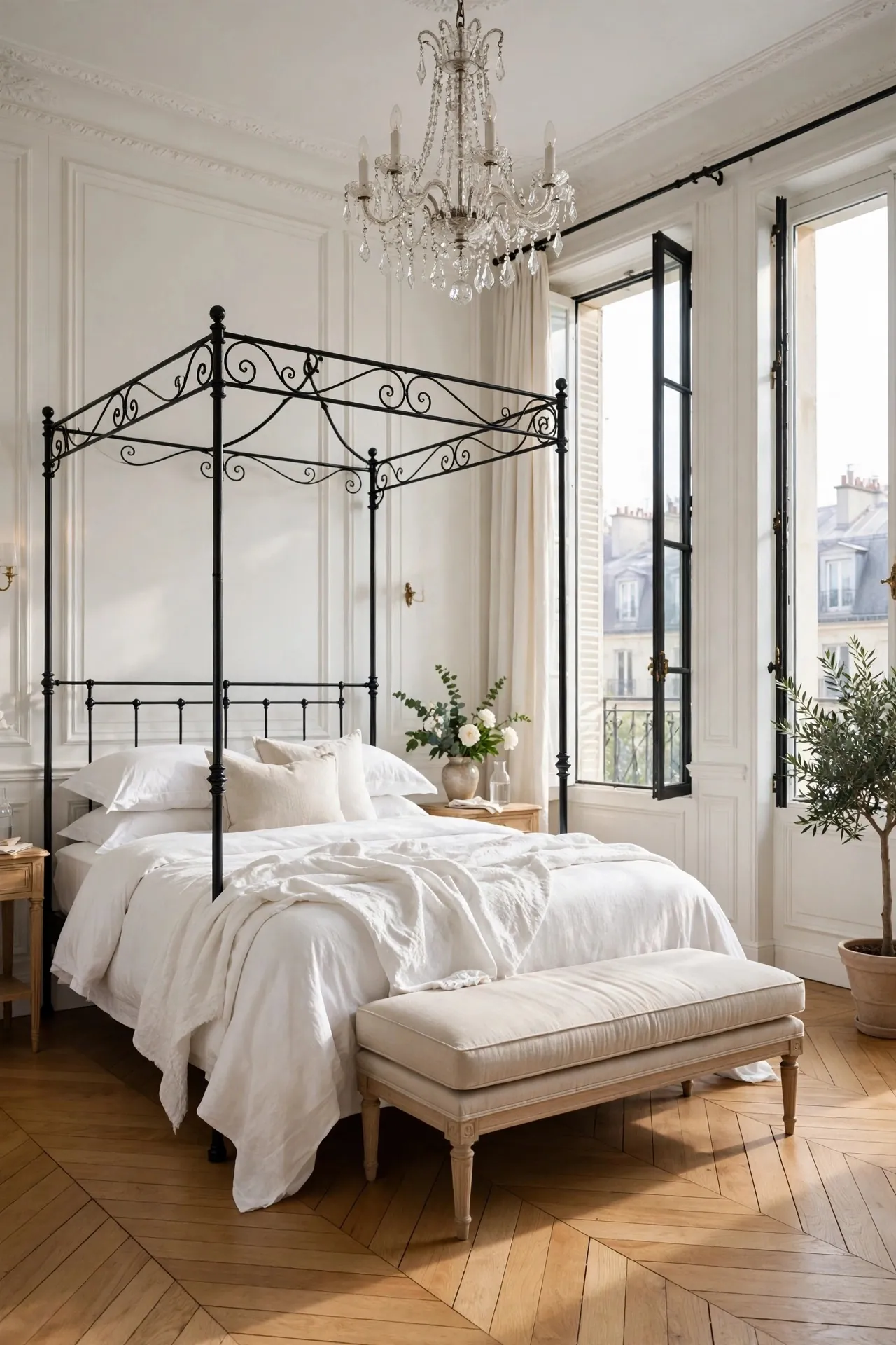 Master bedroom with white wall panelling and a canopy bed