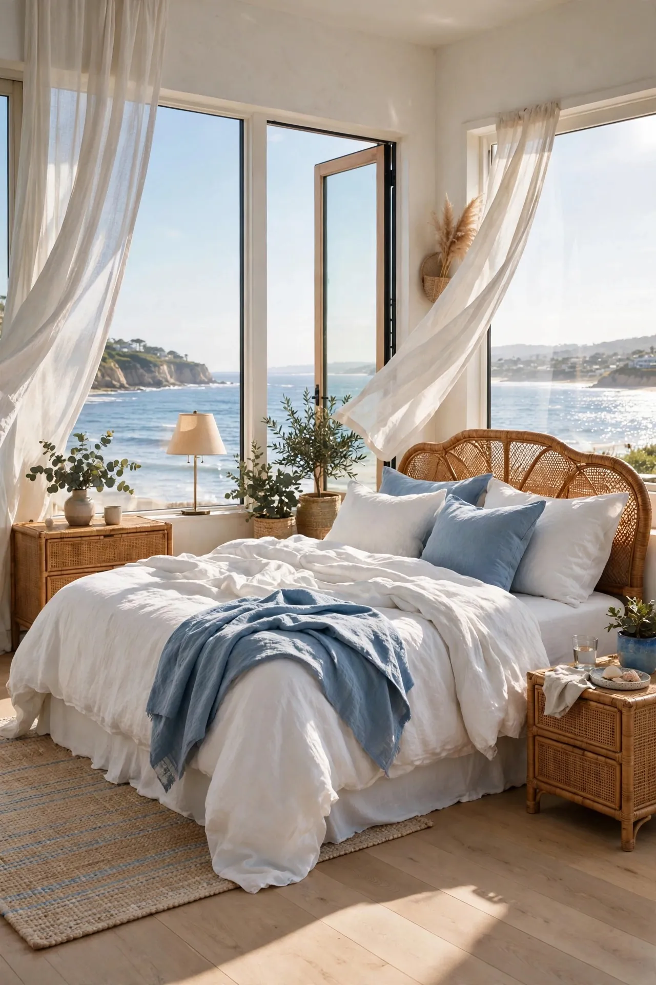 Coastal master bedroom with ocean view and white bedding