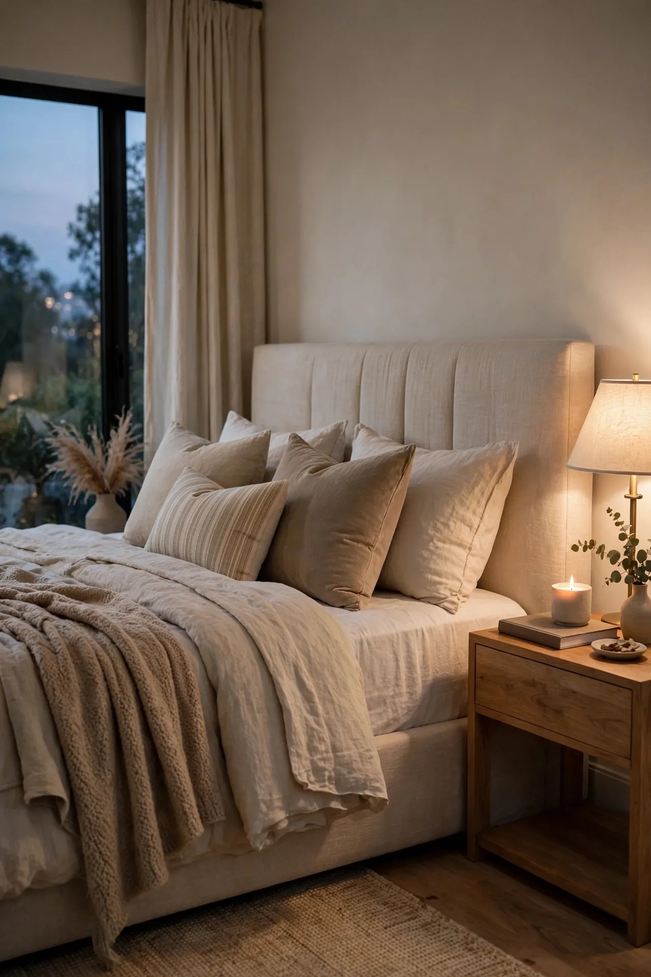 Serene master bedroom at dusk with soft lamp light